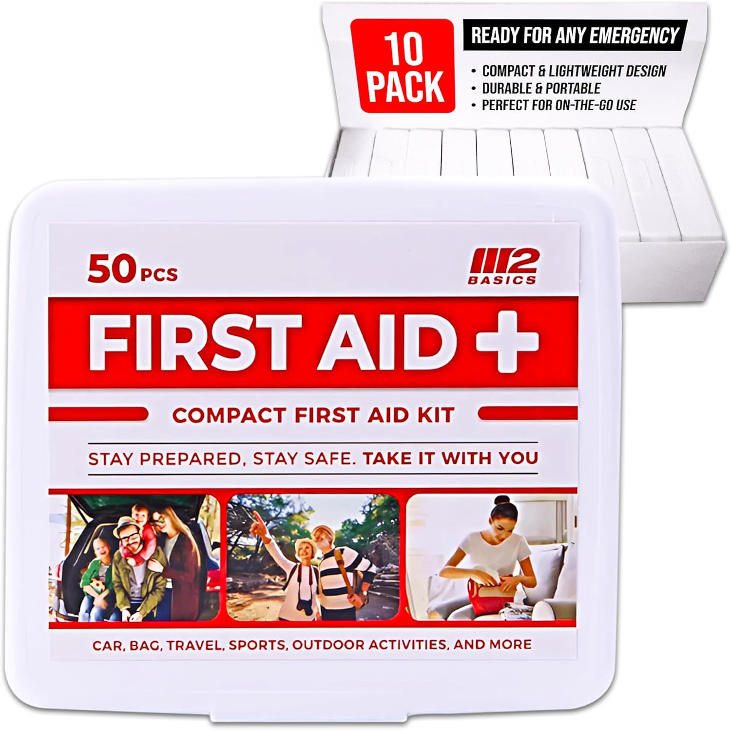 M2 BASICS 10-Pack Mini First Aid Kit Bundle (500 PCS Total, 50 PCS/Kit) | Travel, Car, Camping, Home, Business, Emergency, Charity | Bulk Med Kits