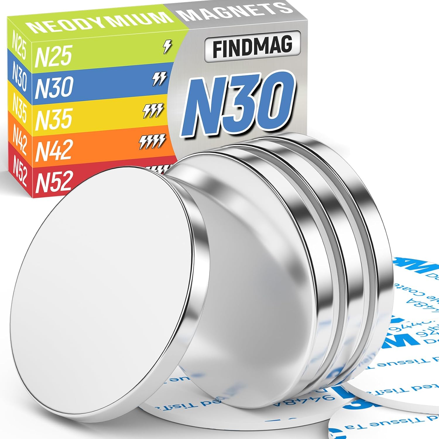 FINDMAG 4Pcs Strong Neodymium Disc Magnets with Double-Sided Adhesive, Powerful Permanent Rare Earth Magnets, Fridge, DIY, Building, Scientific, Craft, Office, Home