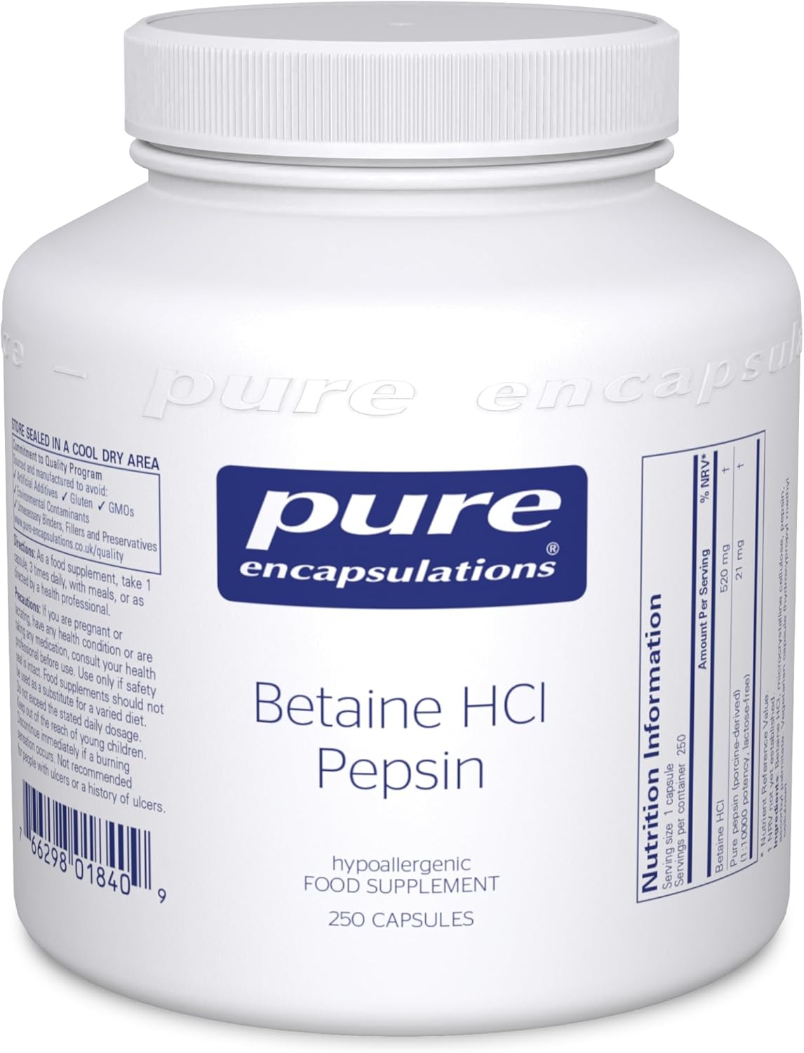 Pure Encapsulations - Betaine HCl Pepsin - Acidic Betaine with Protein-Digesting Enzyme - 250 Capsules