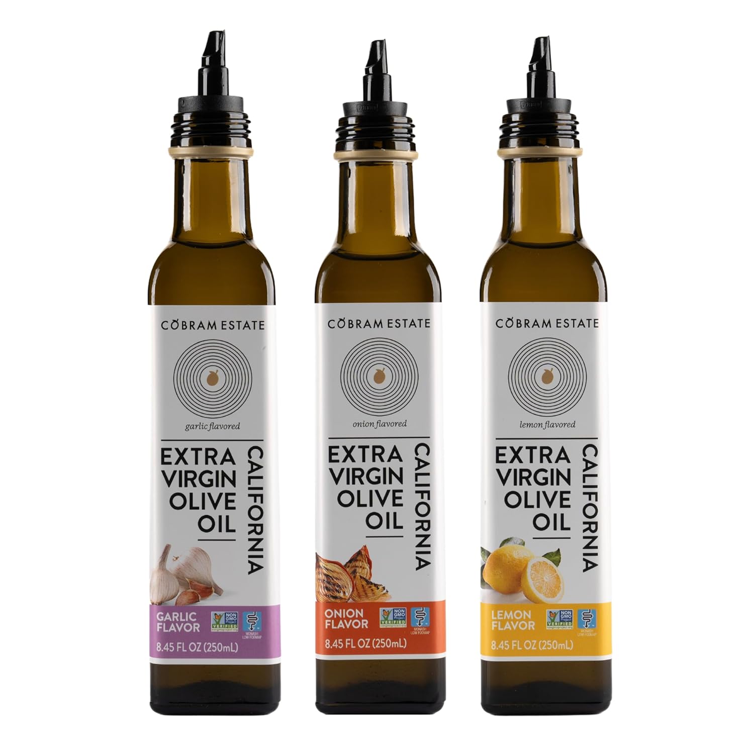 Cobram Estate Lemon, Garlic, and Onion Artisan Collection Flavored - Low-Fodmap Diet Friendly, First Cold Pressed 100% California Extra Virgin Olive Oil - Non-GMO, 3 x 250ml Bottles (Variety)