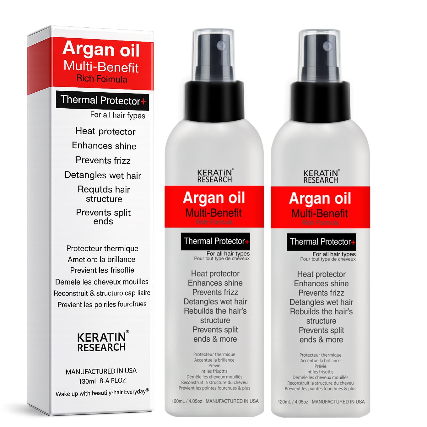 KERATIN RESEARCH Thermal Hair Protector Spray - Enhances Shine, Eliminates Frizz, Detangles, Prevents Split Ends, Replenishes Nutrients, Heat Activated for Styling