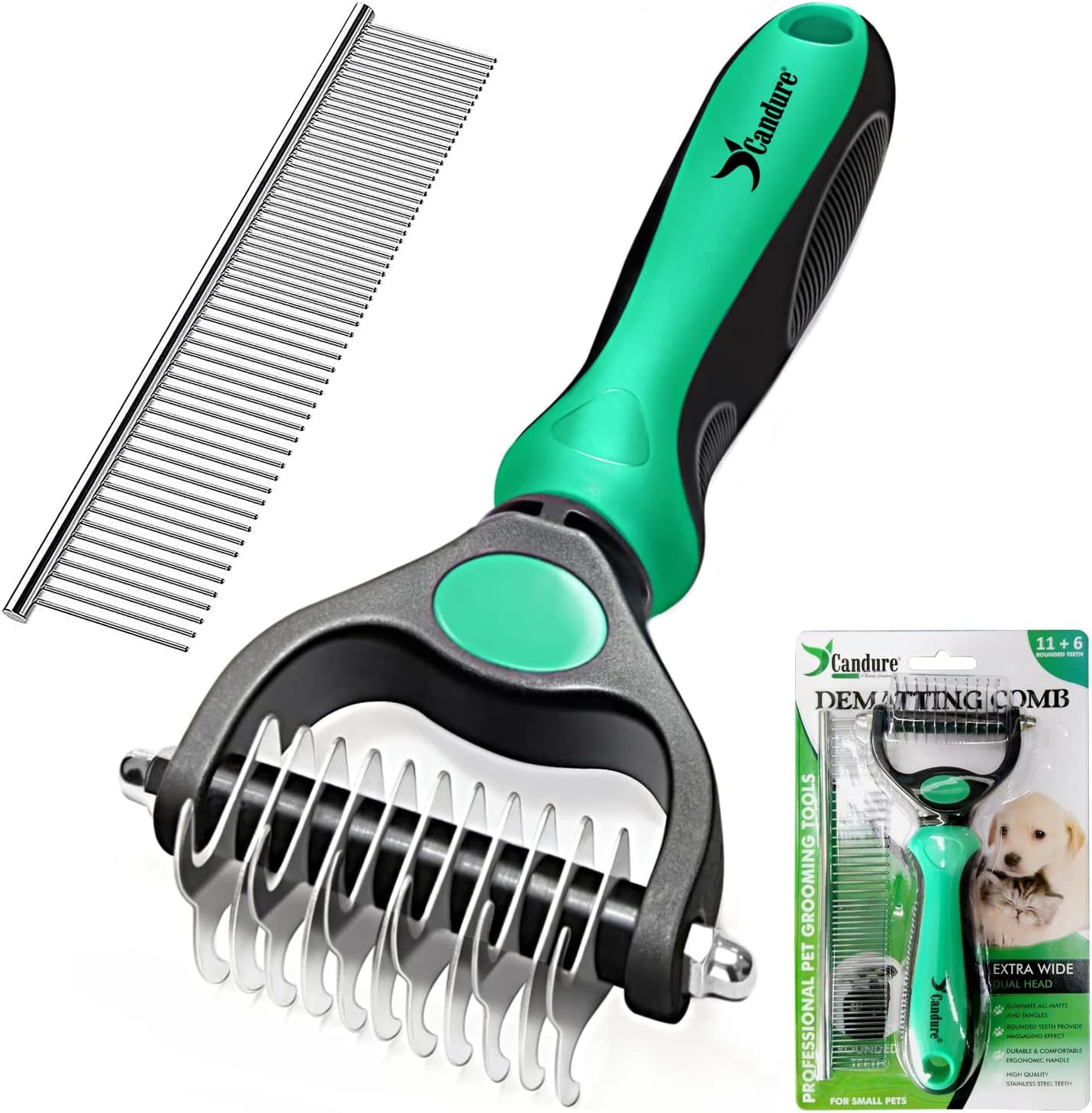 Candure Pet Friendly Double-Sided Dematting Undercoat Rake and Comb for Effective Hair Removal and Shedding Control in Dogs & Cats (Small, Green)