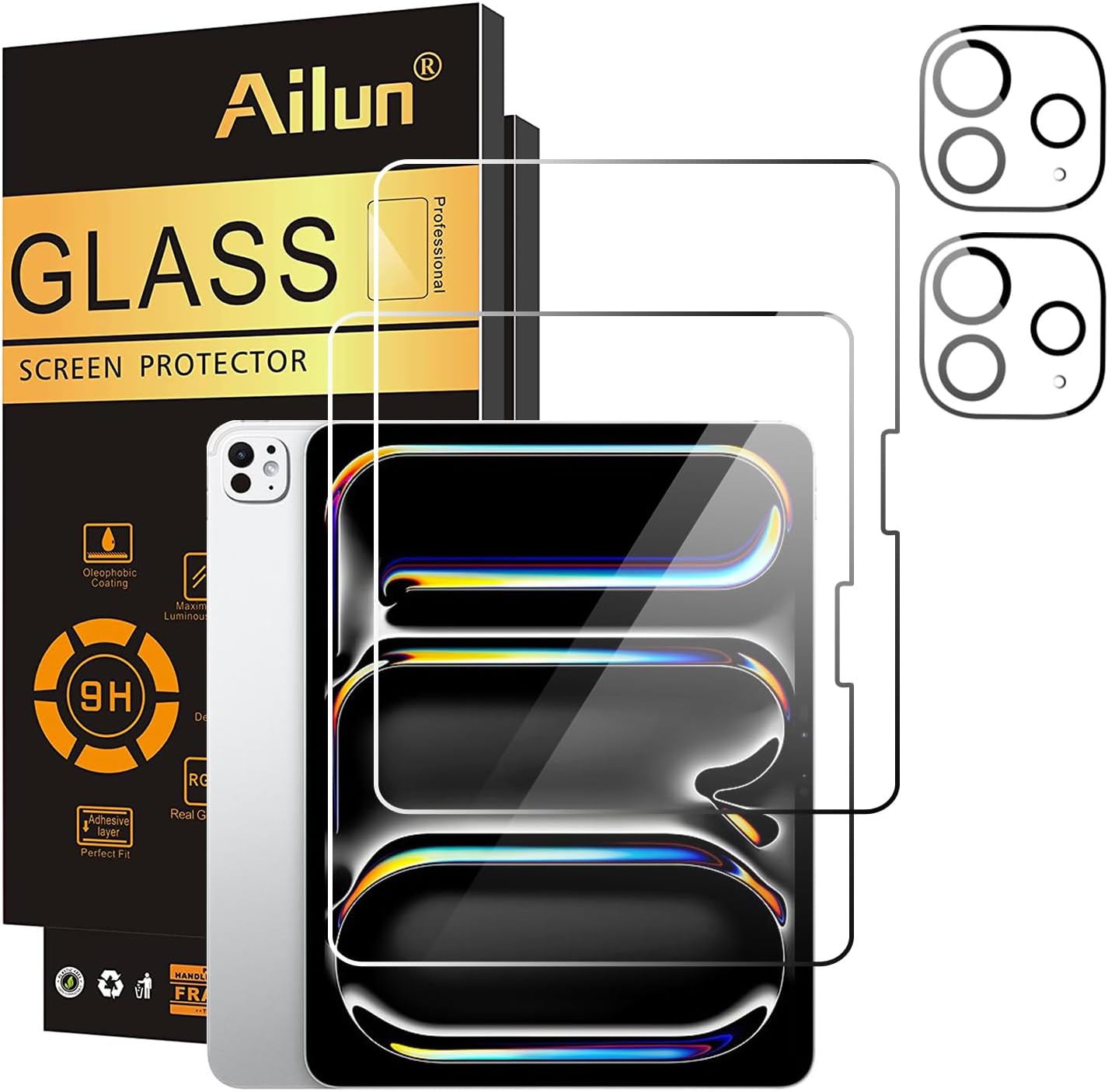 Ailun 2 Pack Screen Protector for iPad Pro 13 Inch 2024 7th Generation + 2 Pack Camera Lens Protector,Tempered Glass Anti-Scratch Case Friendly, Compatible with Face ID Apple Pencil[4 Pack]