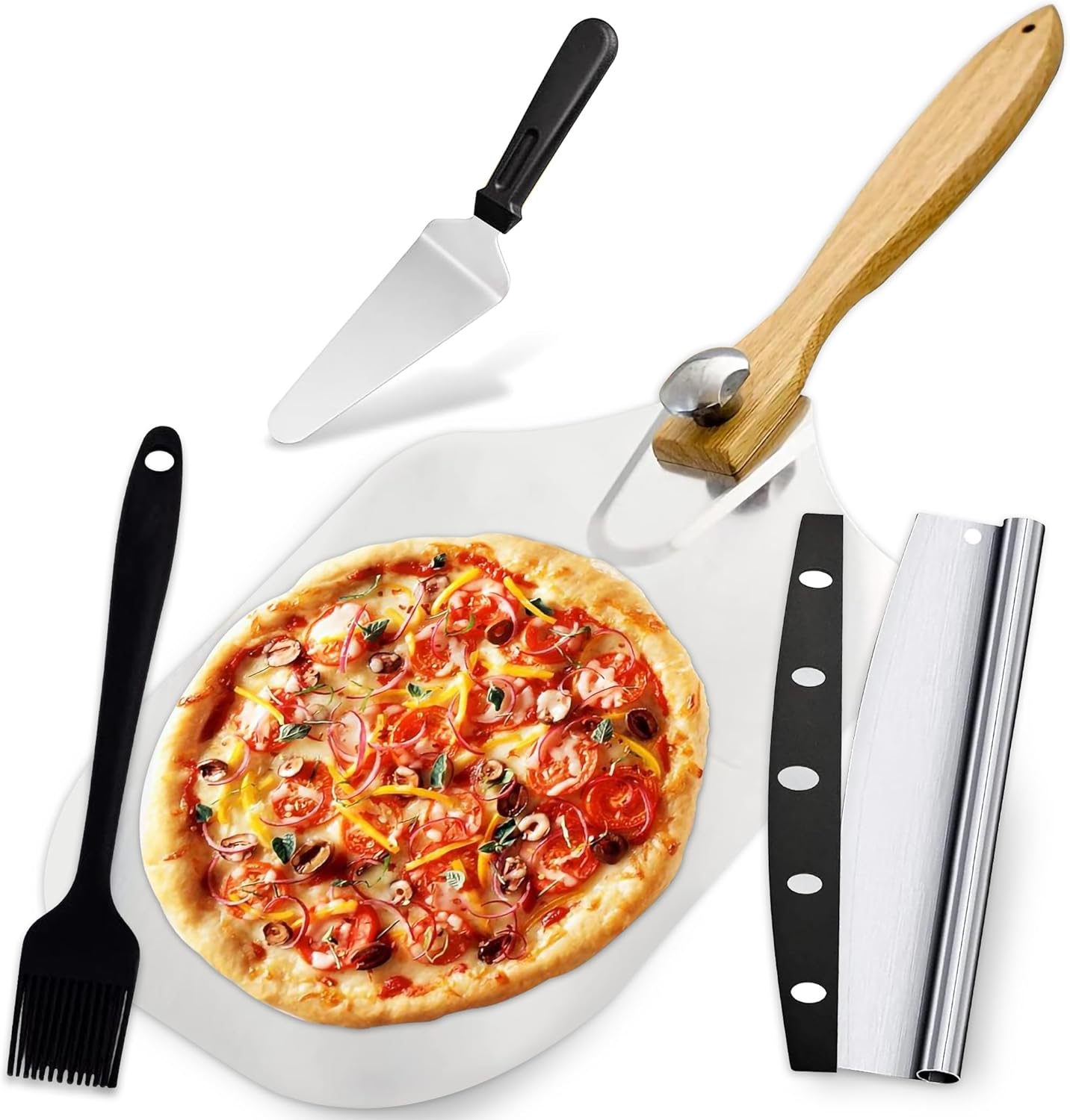 MYOTTPRO Aluminum Pizza Peel with Pizza Cutter Scraper and Silicone Bursh, Foldable Pizza Paddle and Server with Wood Handle, Pizza Oven Accessories Set of 4, 12 x 14 Inch