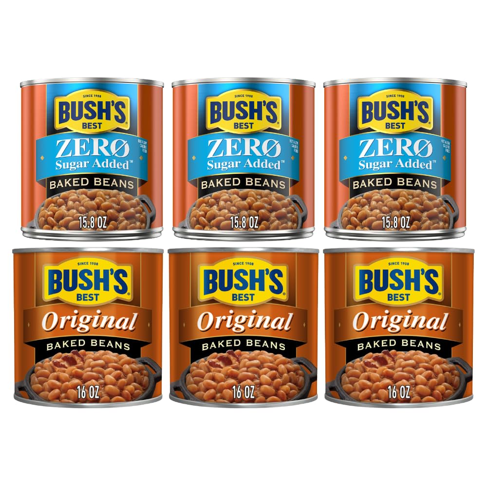Bush’s Best Baked Beans Variety Pack, Zero Sugar & Original, 16 oz Cans (Pack of 6)