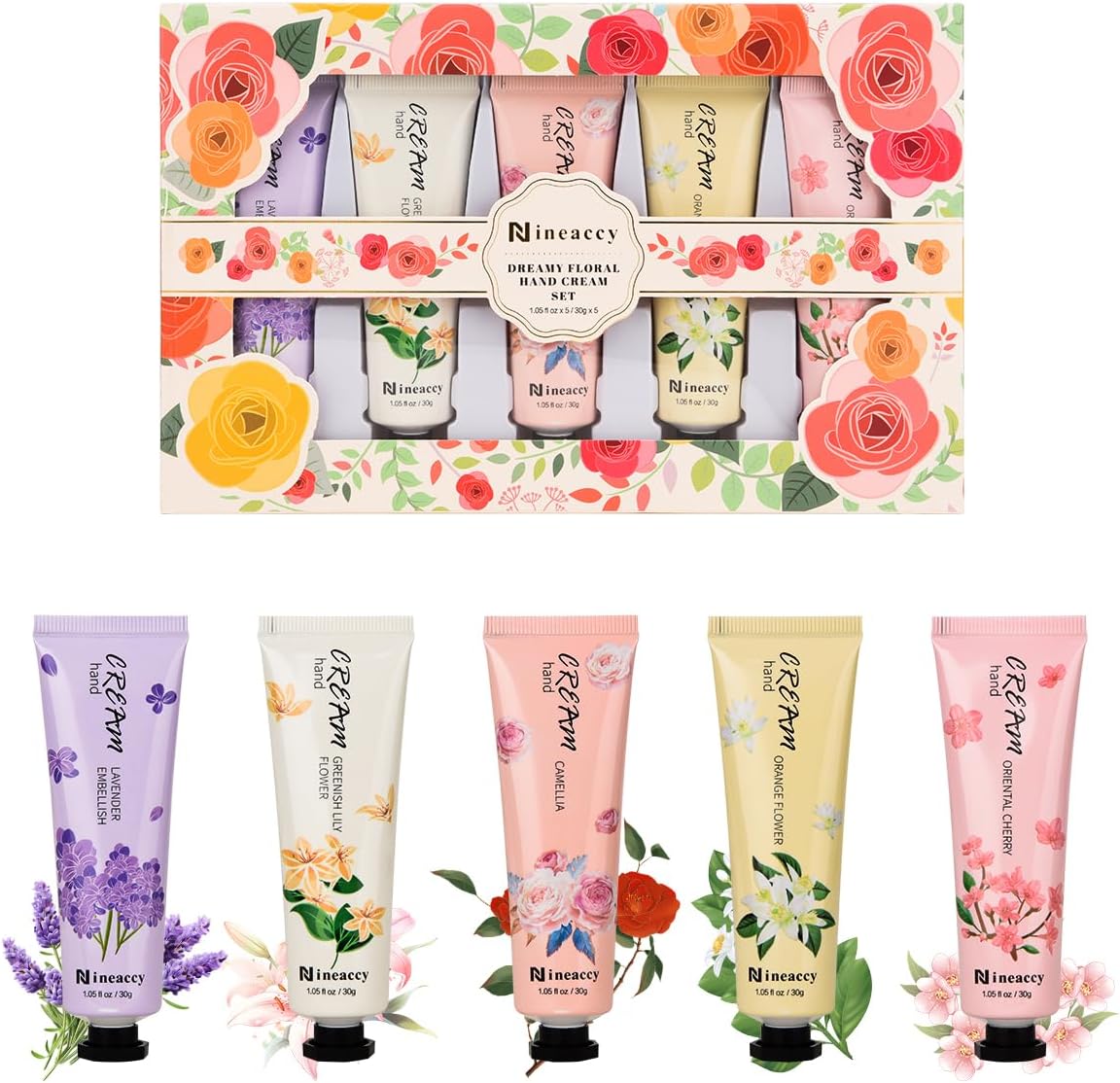 Nineaccy Floral assorted Hand Cream Set, 5 x 30ml，Pack of 5，Friendly to all skin，Gifts for Women, Mother's Day Gifts