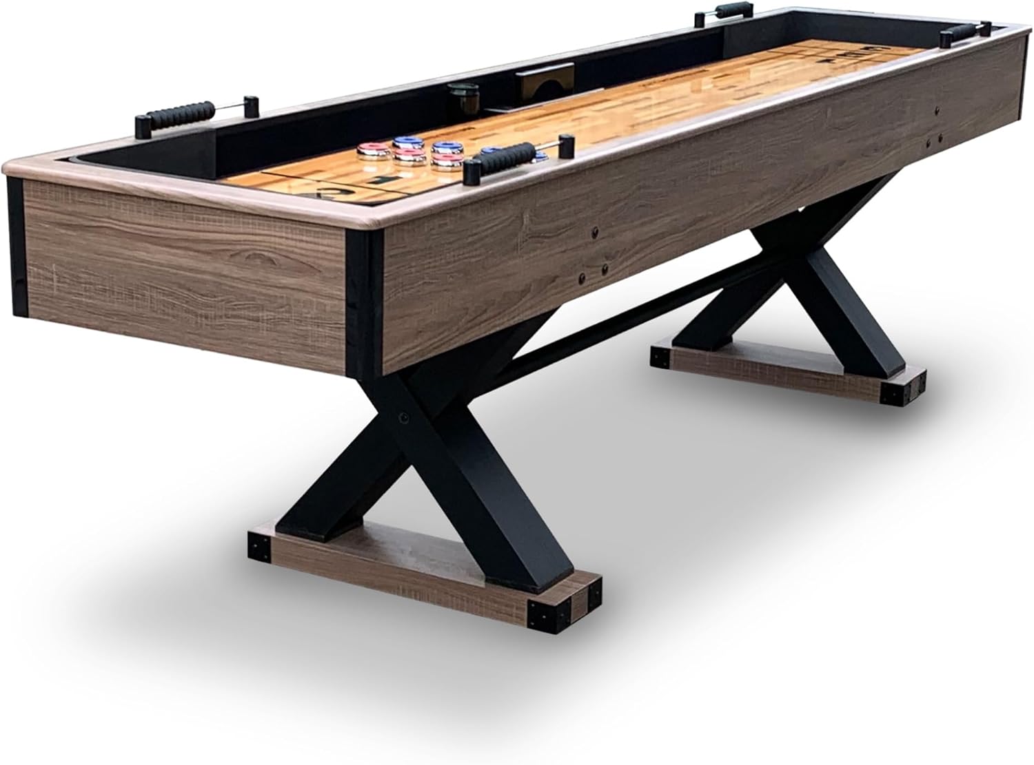 Hathaway Excalibur 9-Ft Shuffleboard Table for Great for Family Recreation Game Rooms, Designed with a Rustic Driftwood Finish with Built-In Leg Levelers, Includes 8 Pucks, Table Brush and Wax