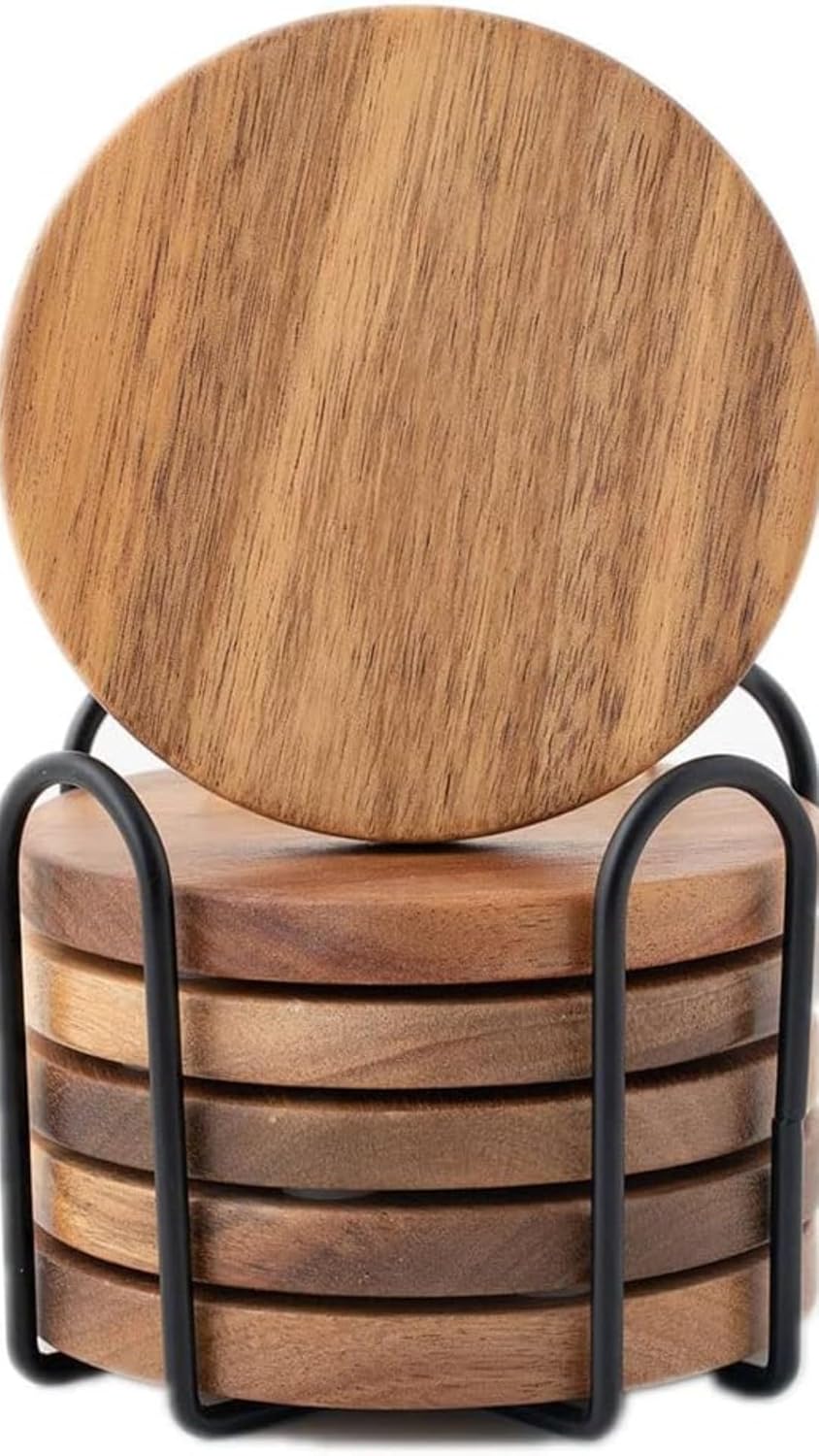 Acacia Wood Coasters Set of 6 with Holder, Wooden Coasters for Glasses Drinkings Coffee Table Desk Round with Non-Slip Pad Cup Coasters for Home Office Christmas Decor 4 Inch, Black