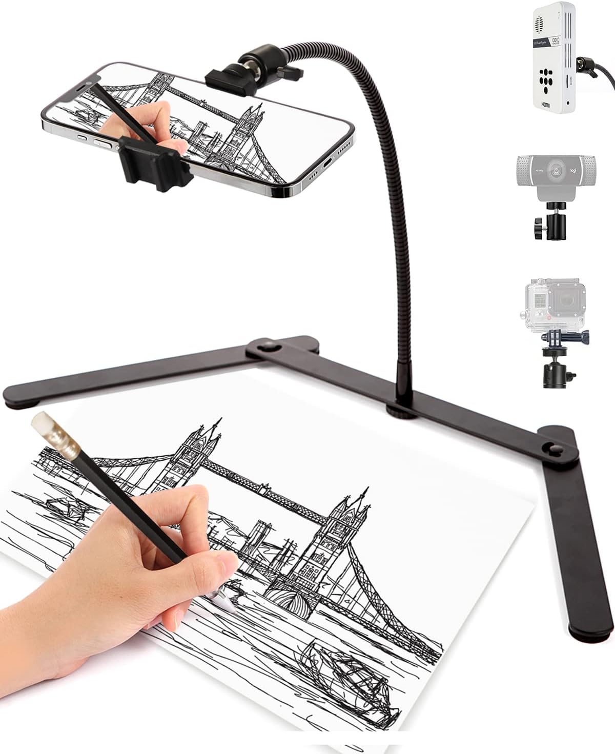 Adjustable Phone Tripod, Phone Stand for Recording, Overhead Phone Mount, Tabletop Tripod for Cookie Decorating and Teaching Online Live Streaming and Showing Drawing Sketching Cooking