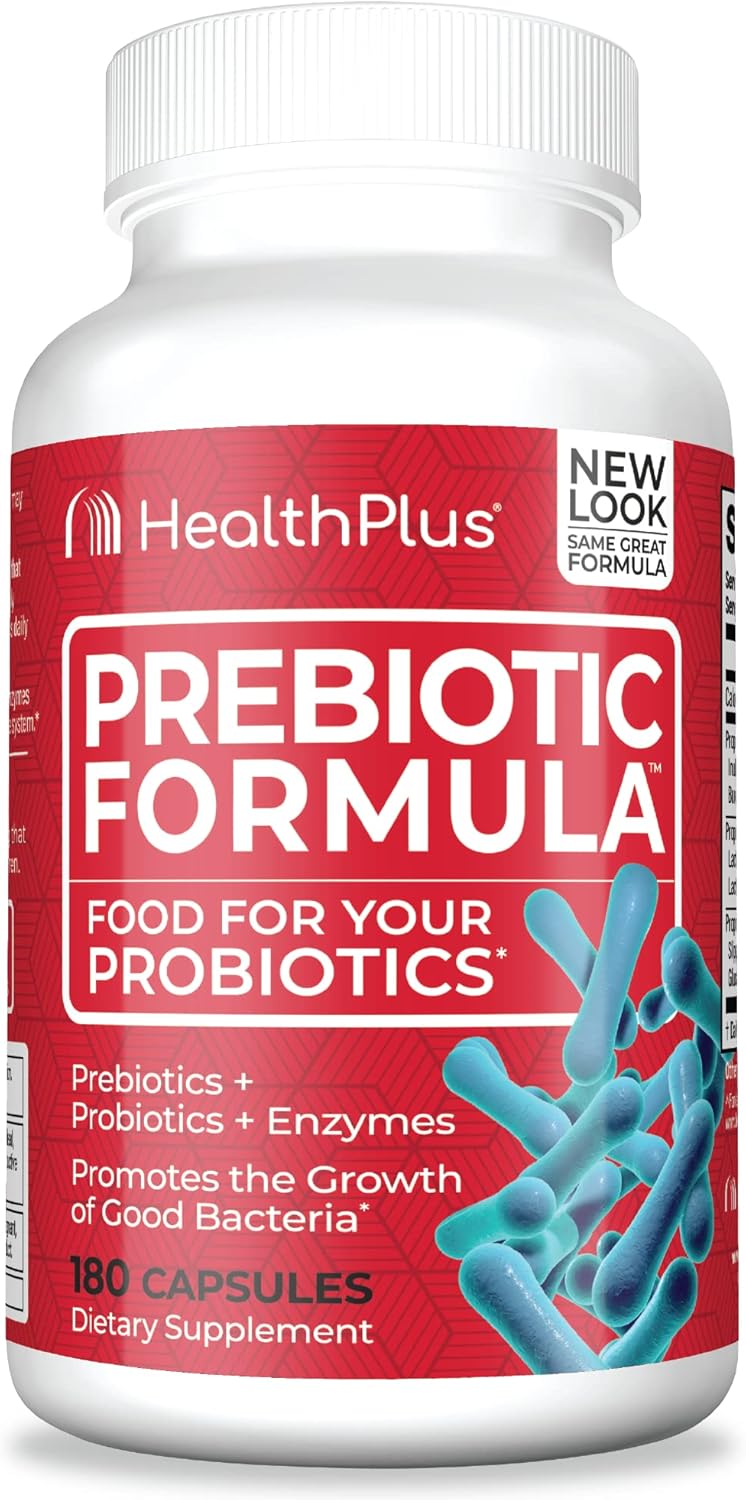 Health Plus Prebiotic Formula - Probiotics + Prebiotics + Digestive Enzymes - Gluten Free, Dairy Free, Natural Herbal Ingredients (180 Capsules, 60 Servings)