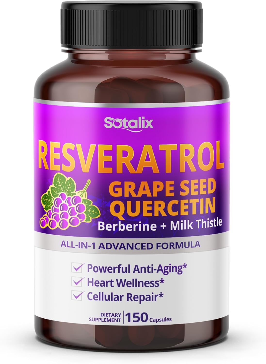 Resveratrol with Grape Seed + Quercetin Berberine + Milk Thistle Powerful Anti-Aging - USA Made & Tested (150-day Supply (Pack of 1))