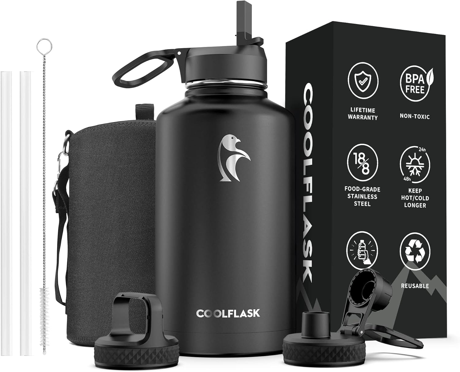 64 oz Water Bottle Insulated with Straw & 3 Lids, Coolflask Large Metal Stainless Steel Water Jug Big Half Gallon Wide Mouth for Sports, Gym or Office, Non-BPA Keep Cold 48H Hot 24H, Magic Black