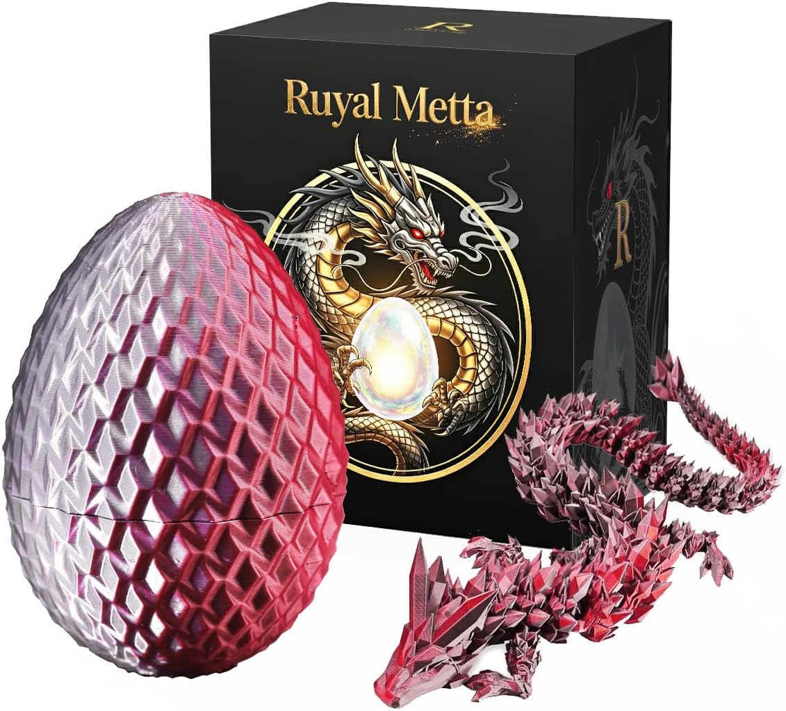 Ruyal Metta 3D Printed Dragon Egg in Gift Box, Mystery Articulated Diamond Crystal Dragon Egg Fidget Toy, 3D Dragon Eggs with Dragon Inside for Kids Teens Boys Girls (Large,Magma red)