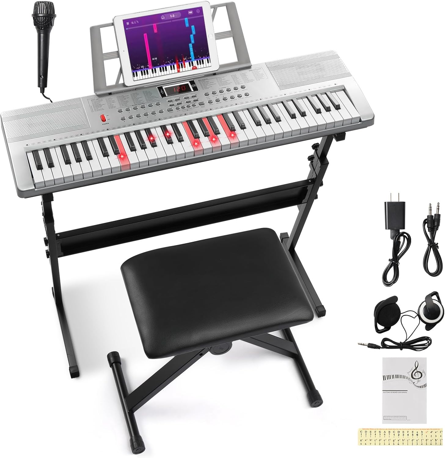 Ktaxon 61 Key Keyboard Piano Electric Keyboard w/Lighted Keys, Electric Piano Set with Headphones, Microphone, Music Rest, Power Adapter, Stand, Piano Bench and Manual (Full-Sliver)