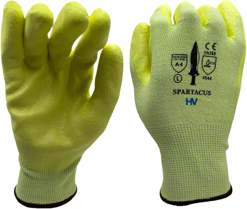 HV SPARTACUS 13 Gauge Hi-Vis HPPE Liner with Foam Nitrile Palm Coating, Superior Cut Resistant Protective Gloves (12 Pair)
