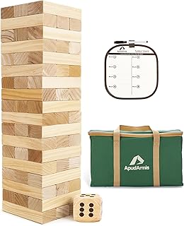ApudArmis Giant Tumble Tower (Stack from 2Ft to Over 4.2Ft), 54 PCS Pine Wooden Stacking Timber Game with 1 Dice Set - Classic Block Giant Outdoor Game for Teens Adults Family