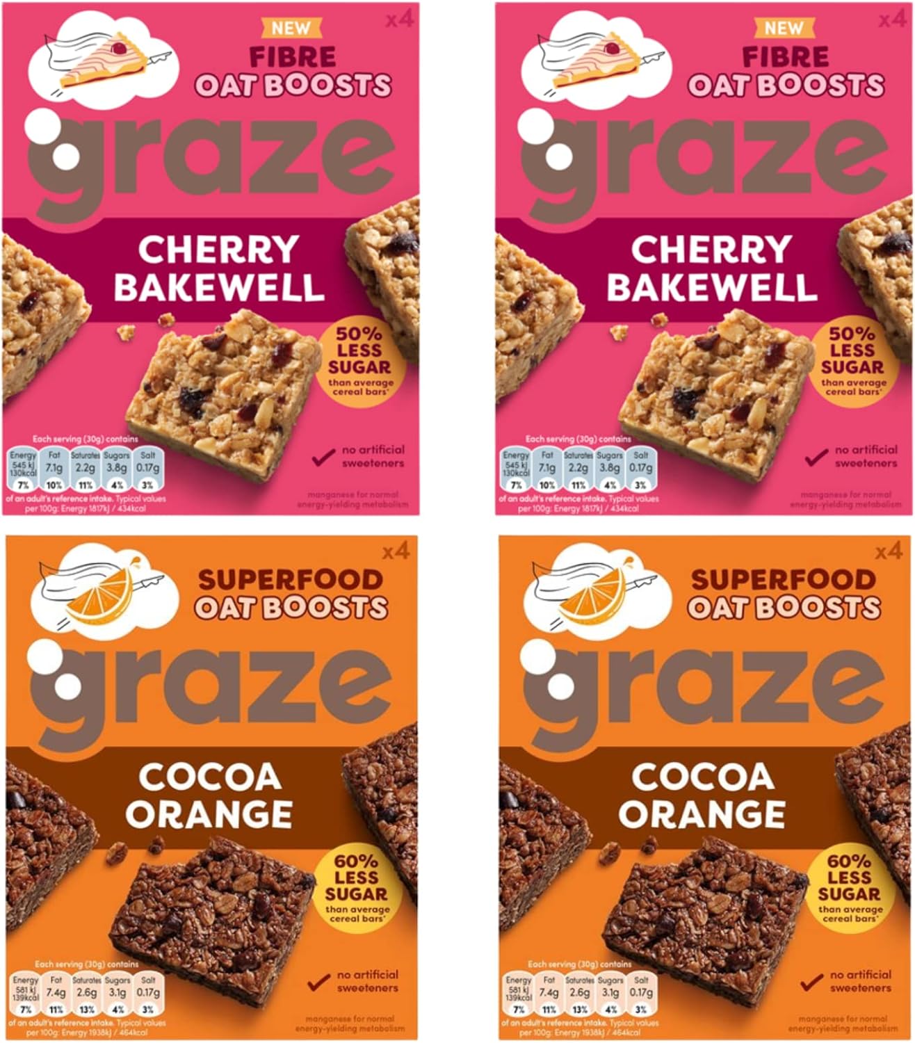 Graze Protein Oat Boost Bars - Cherry Bakewell and Cocoa Orange - Healthy Snacks, Whole Oats, Natural Flavours, High Fibre, Less Sugar (16 Snacks - 4 Packs of 4 x 30g) - with Tea Pouch