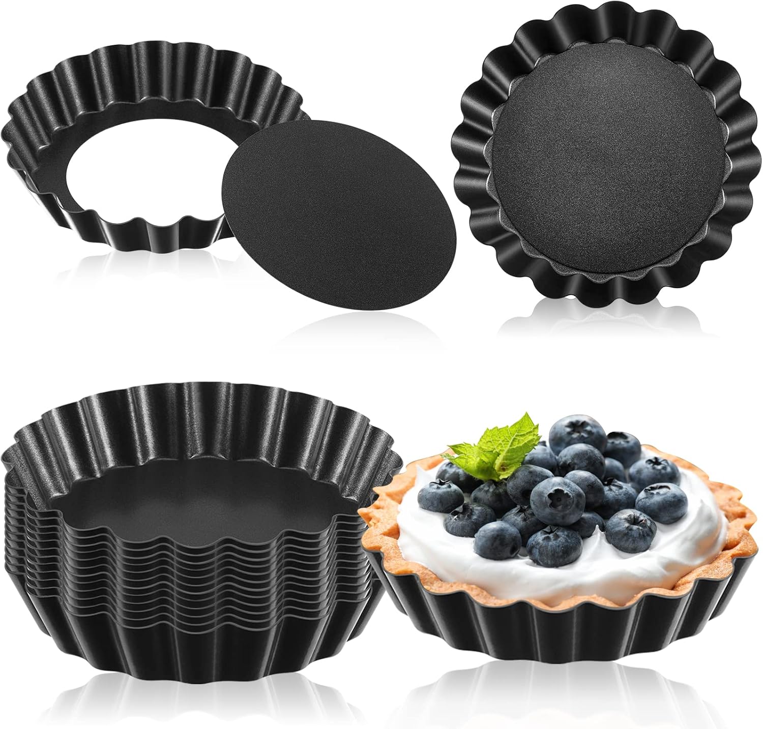 Tessco 16 Pieces Mini Tart Pans with Removable Bottom Nonstick Quiche Pan Mini Pie Pans Mini Tart Pans Bakeware Mold Fluted Side for Pies (Black Gray Round,3 Inch)