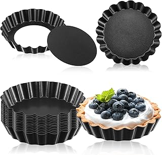 Tessco 16 Pieces Mini Tart Pans with Removable Bottom Nonstick Quiche Pan Mini Pie Pans Mini Tart Pans Bakeware Mold Fluted Side for Pies (Black Gray Round,3 Inch)