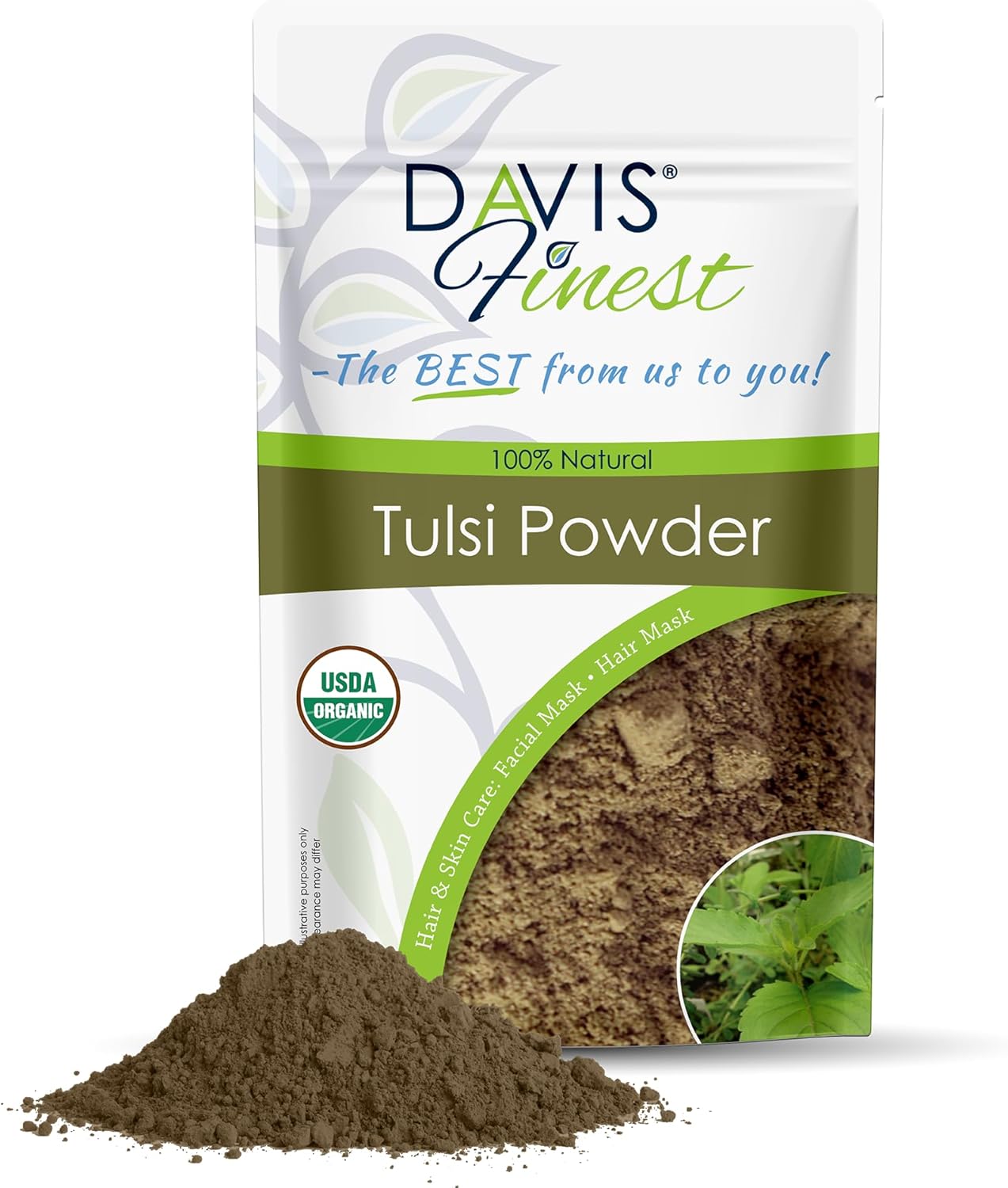 Davis Finest Organic Tulsi Holy Basil, Pure & Natural Leaves Powder 100g, Hair & Skin Care, Ayurvedic, Skin Tightening, Facial Mask, Itchy Scalp, Promotes Hair Growth