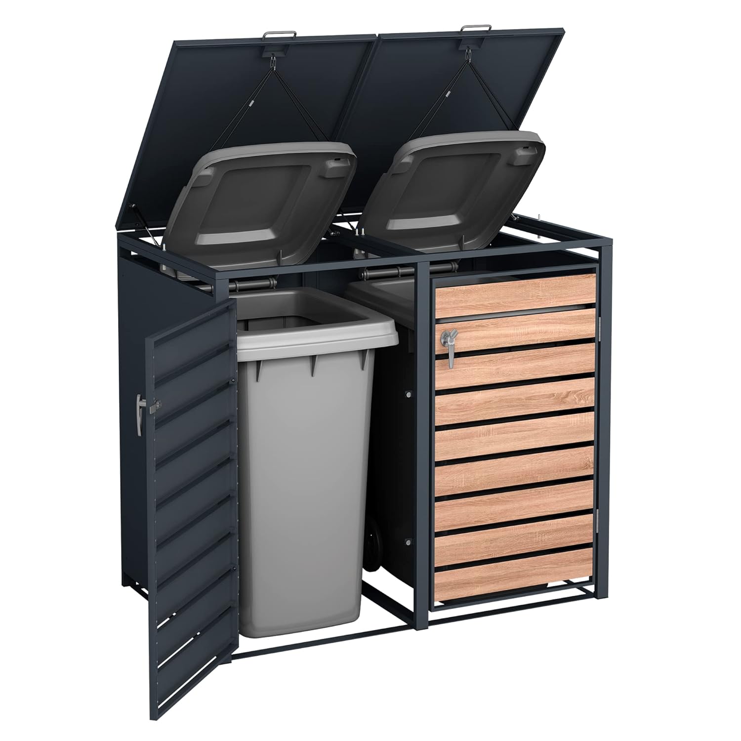 DWD Garden Double Wheelie Bin Hideaway 120L,240L Waste Bin,Storage Shed w/ Locking Doors Assisted lift up Lid easy use Outdoor Hygienic Dustbin Unit Cover Powdercoated Steel Matt Grey with Oak Doors