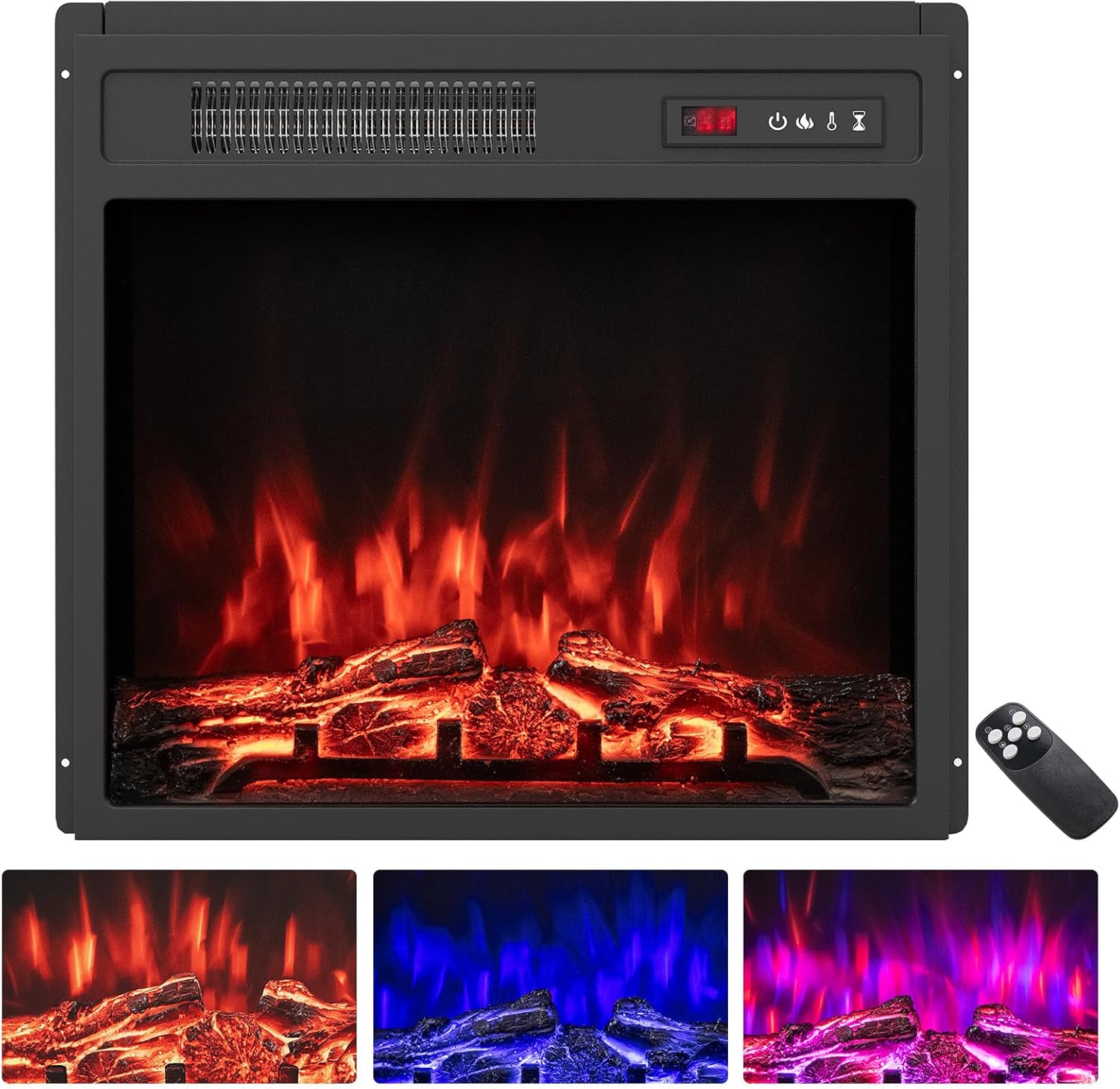 COSTWAY 20”/50cm Electric Fireplace, Recessed Freestanding Fire Heater with 3 Flame Color, 5 Brightness, Adjustable Thermostat, Remote Control & Overheat Protection (20”, 750W/1500W, with Logs)