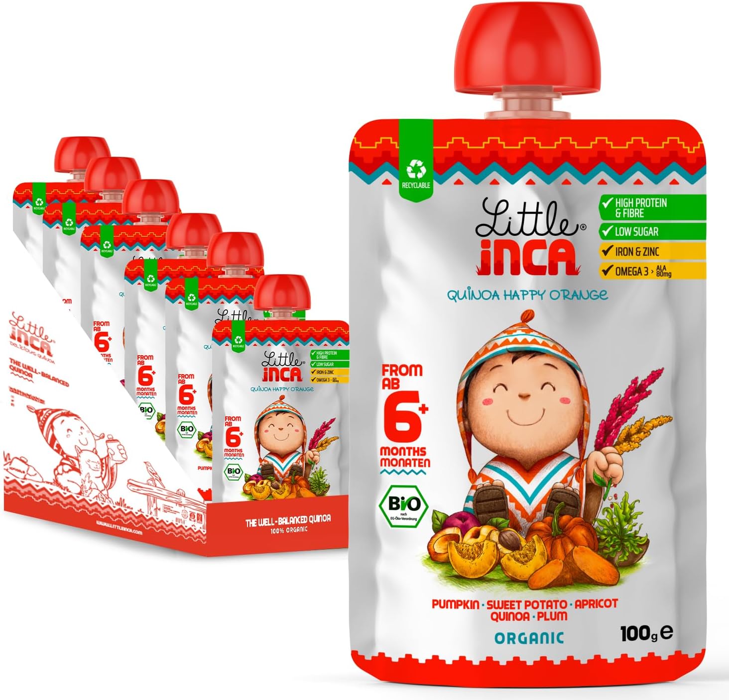 Little Inca The Happy Orange (6x100g) | Organic Quinoa Plant-based Baby Food Recyclable Pouches For Gut Health & Cognitive Support | With Pumpkin, Apricot & Plum | Dairy-Free | 6 Months+