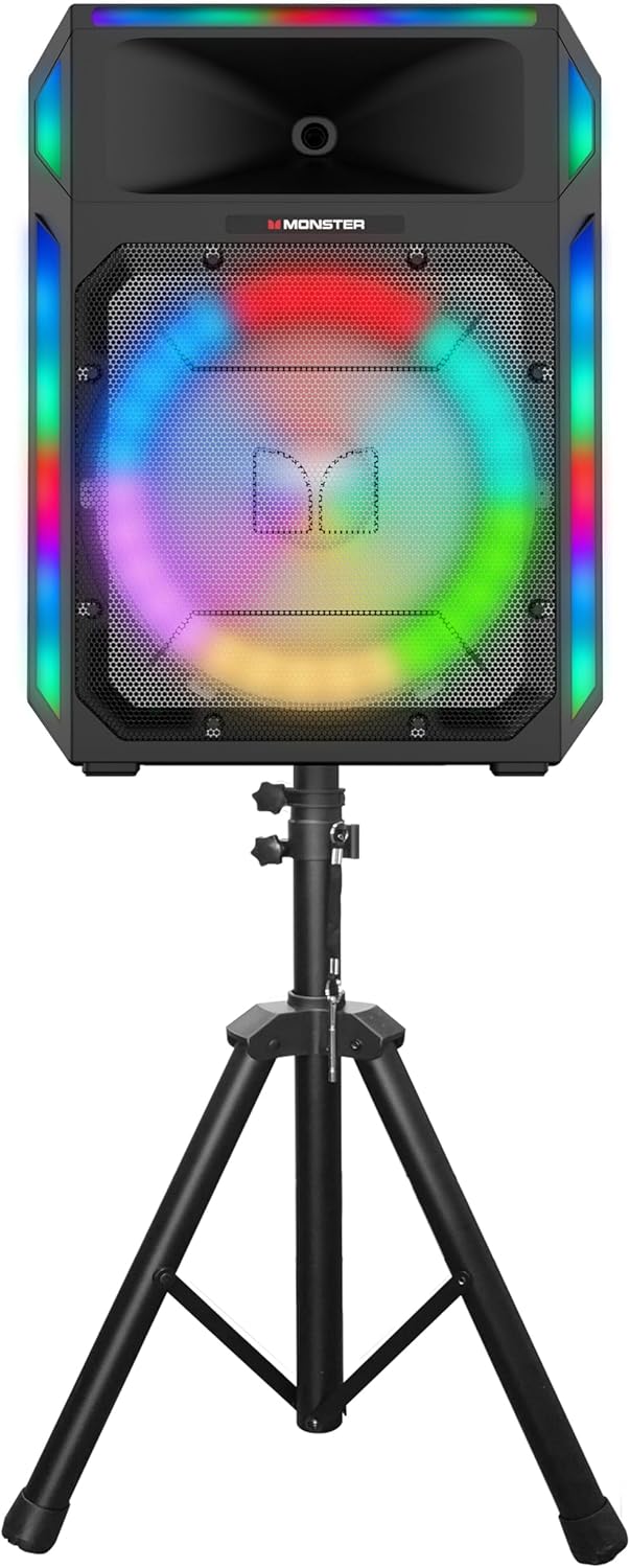 Monster X6 All-in-One Bluetooth Speaker System, Party Speaker, PA | 600W Power, 15" Sub | Beat Synced LED Lights, All Terrain Wheels, TWS Pairing, App Control | Includes Adjustable Tripod & Microphone
