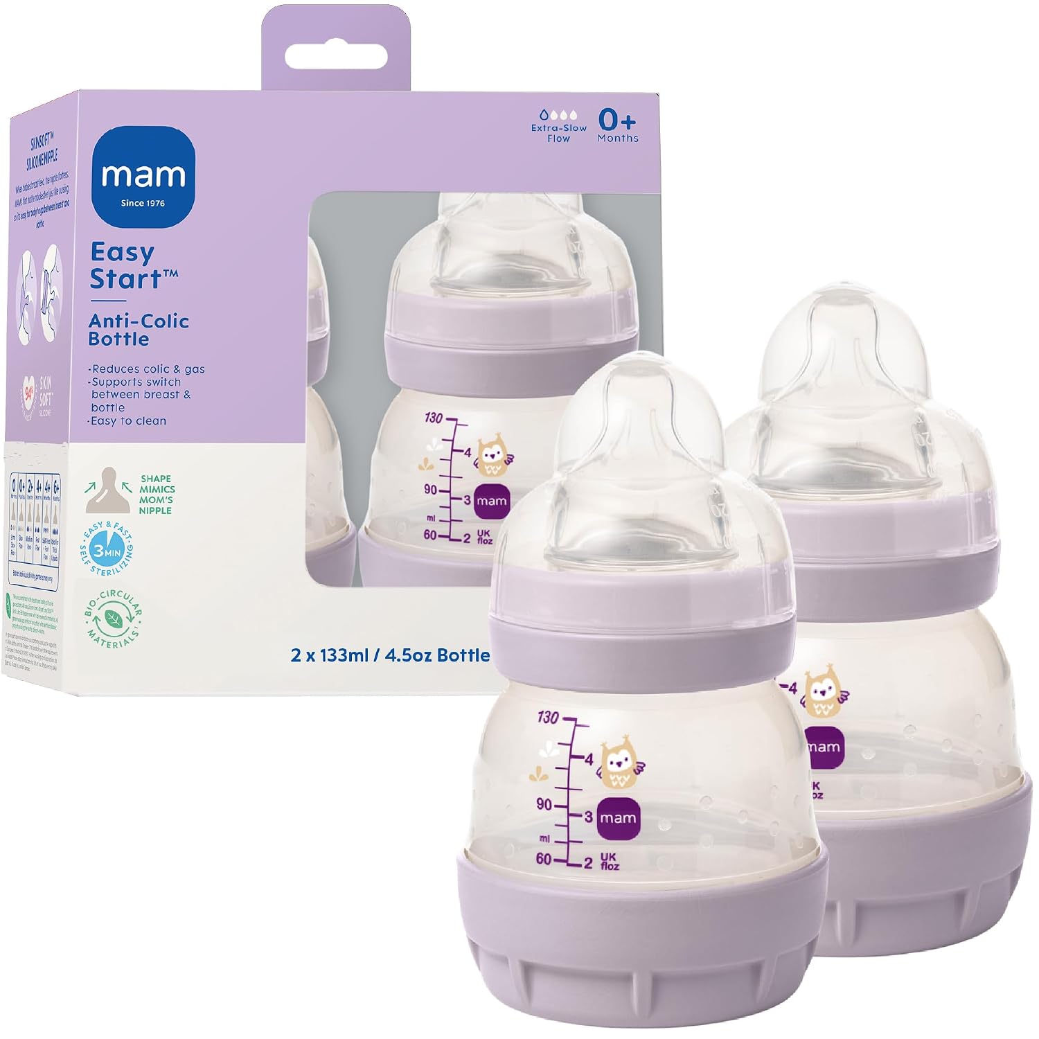 MAM 4.5oz Easy Start Anti-Colic+ Vented Baby Bottle, 0+ Months, 2 Pk, Girl