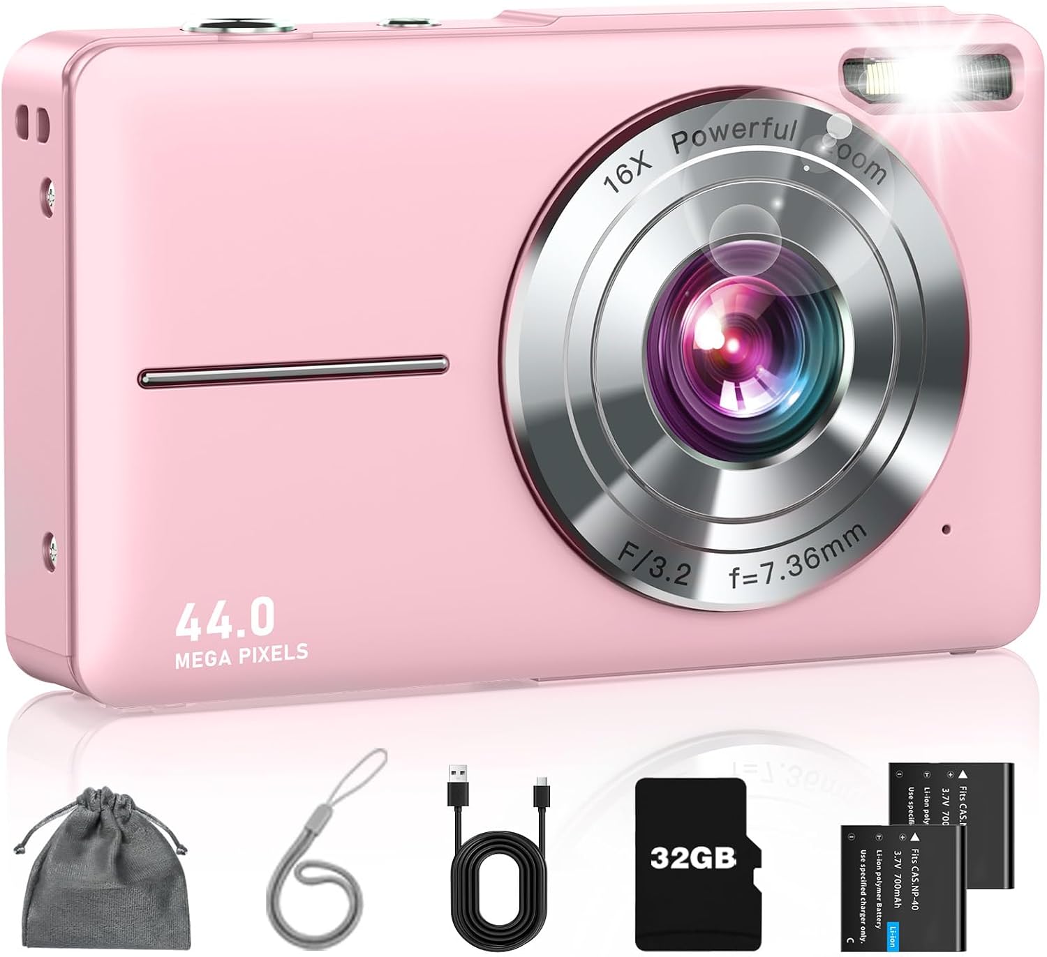 Lecran Digital Camera, FHD 1080P Point and Shoot Camera for Kids Teens Pink