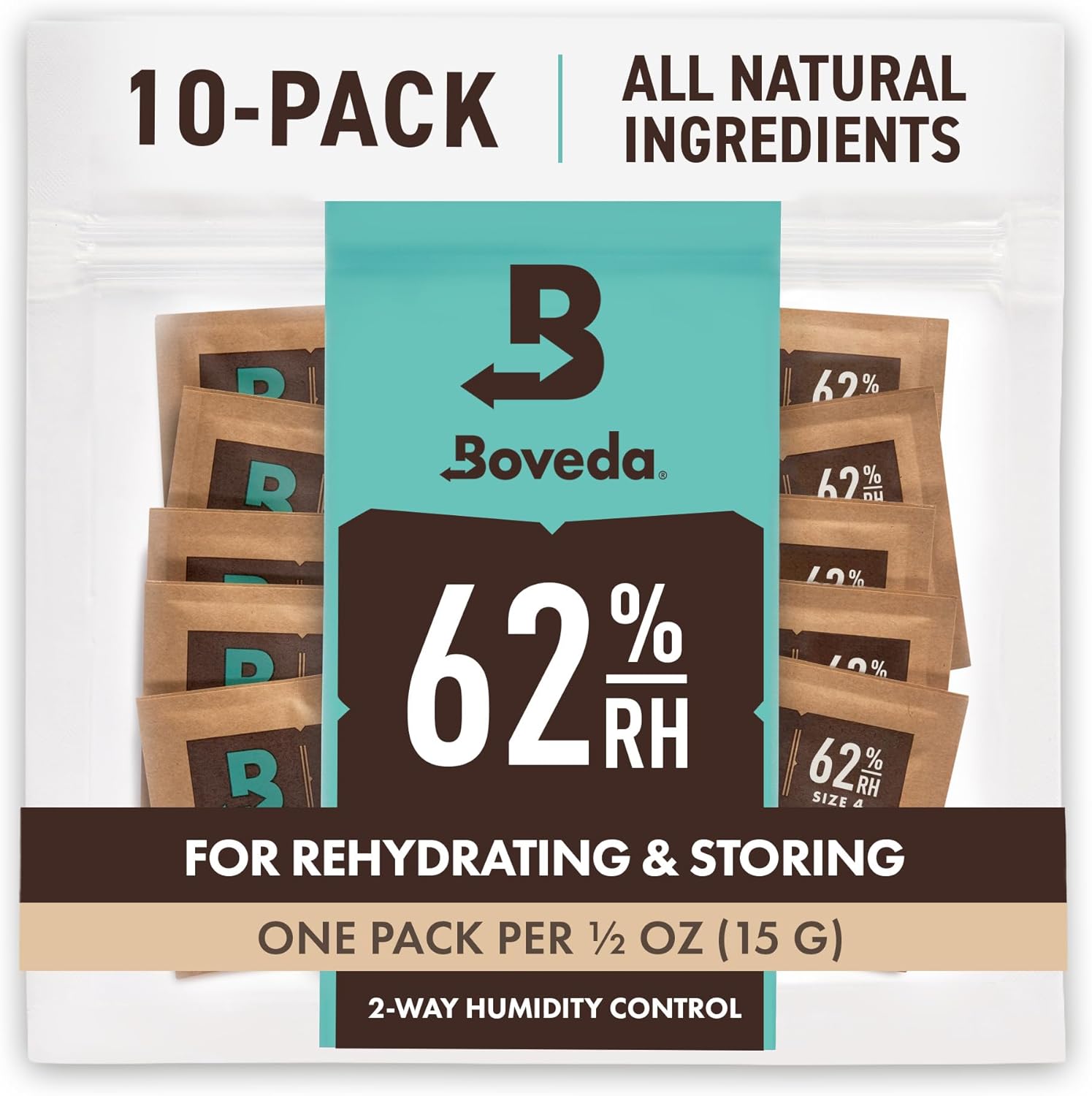 Boveda 62% Two-Way Humidity Control Packs For Storing ½ oz – Size 4 – 10 Pack – Moisture Absorbers for Small Storage Containers – Humidifier Packs – Hydration Packets in Resealable Bag