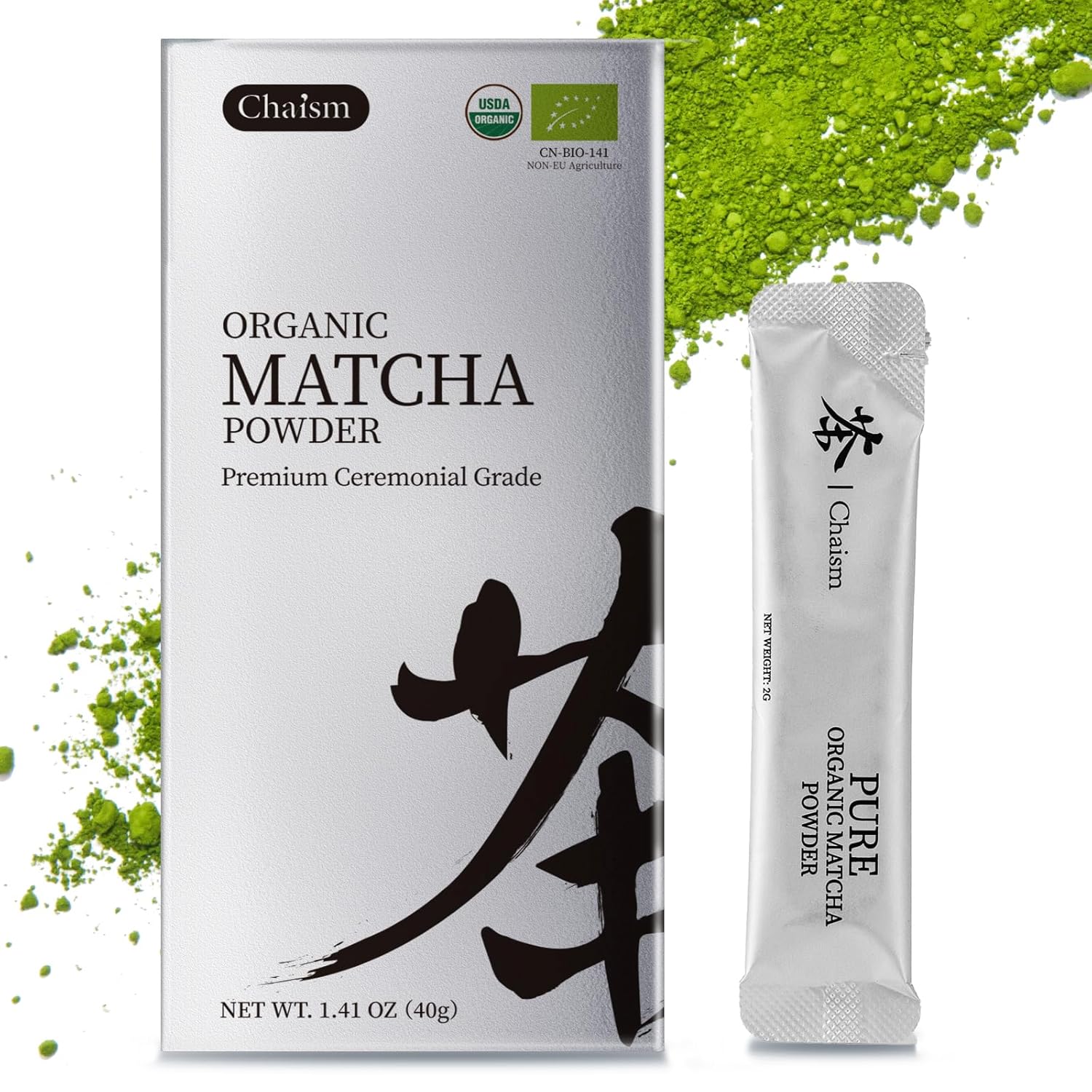Chaism Ceremonial Grade Matcha Green Tea Powder - 20 Single Serve Packets, Premium First Harvest USDA Organic Gluten-Free Vegan, 100% Pure (20 Packets)