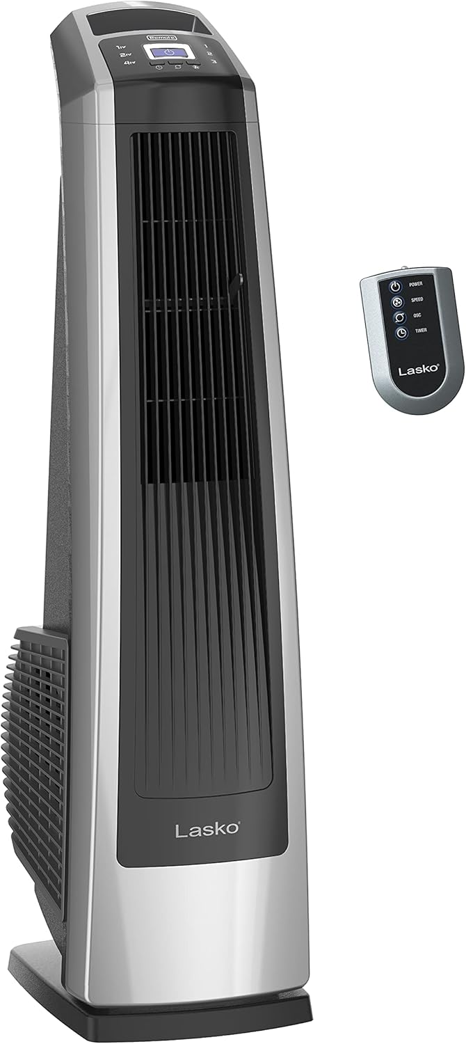 Lasko High Velocity Oscillating Tower Fan for Bedroom, Garage, Basement, and Gym with Remote Control, Timer, 3 Powerful Speeds, 35" Silver/Black, U35115