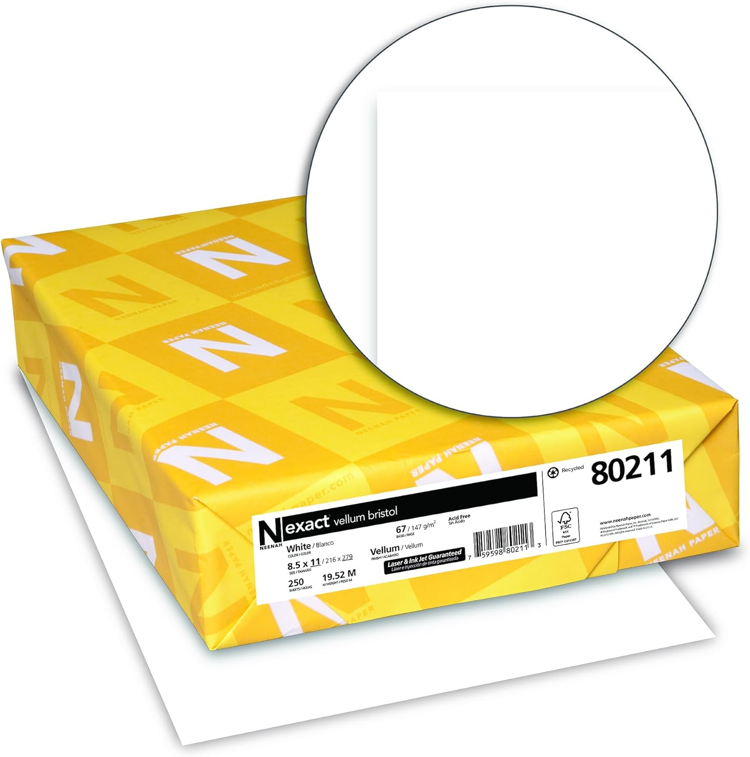 Neenah Exact Vellum Bristol, 8.5" x 11", 67 lb/147 gsm, White, 94 Brightness, 250 Sheets (80211)