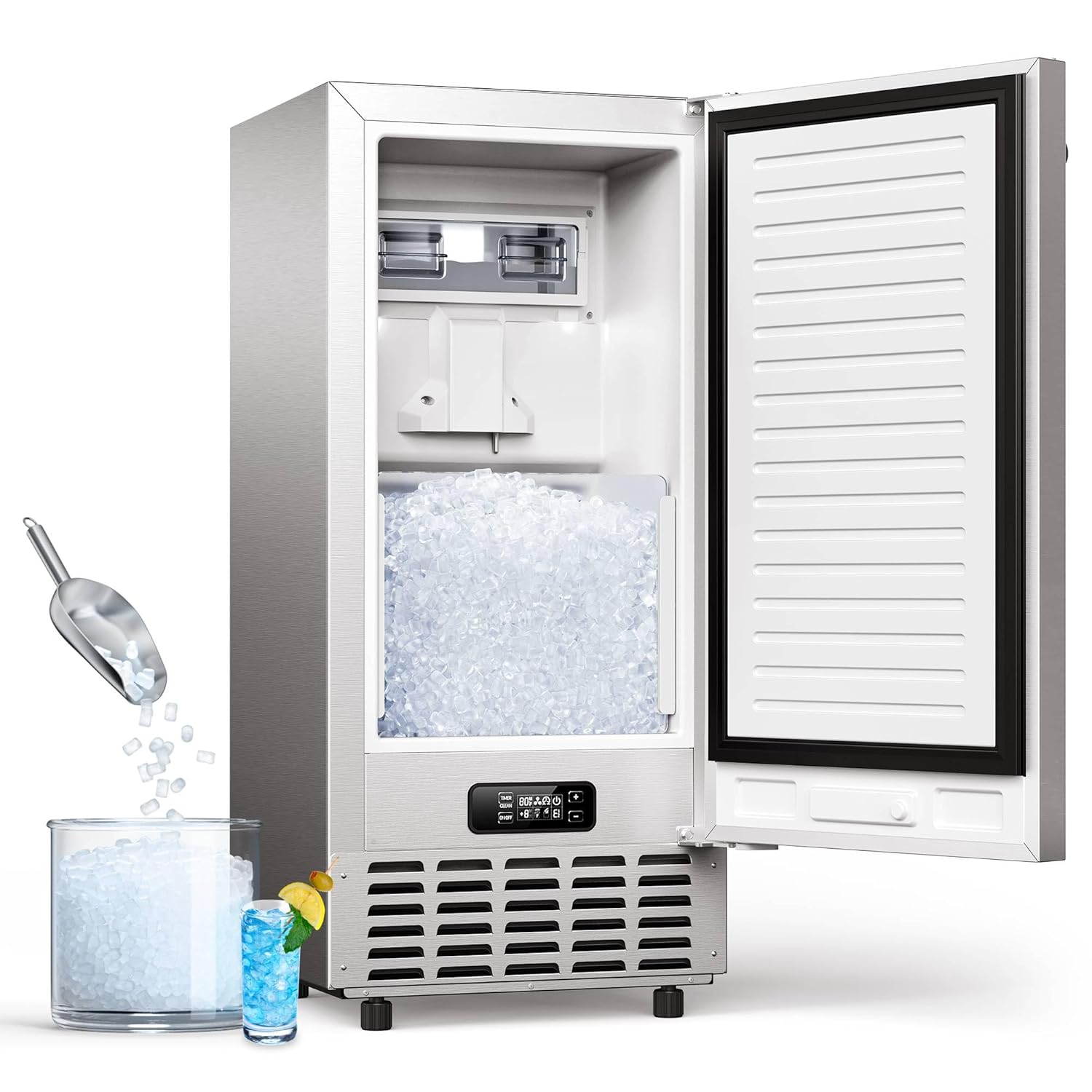 ecozy Under Counter Nugget Ice Maker Machine, Bulit-in Freestanding Ice Maker, Reversible Door, 66 Lbs/Day, Thickened Viewing Glass Window, Self-Cleaning & 24H Timer, Stainless Steel, for Commercial