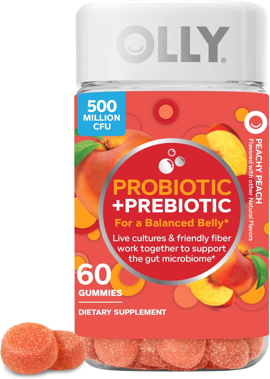 OLLY Probiotic + Prebiotic Gummy, Digestive Support and Gut Health, 500 Million CFUs, Fiber, Adult Chewable Supplement for Men and Women, Peach, 60 Day Supply - 60 Count