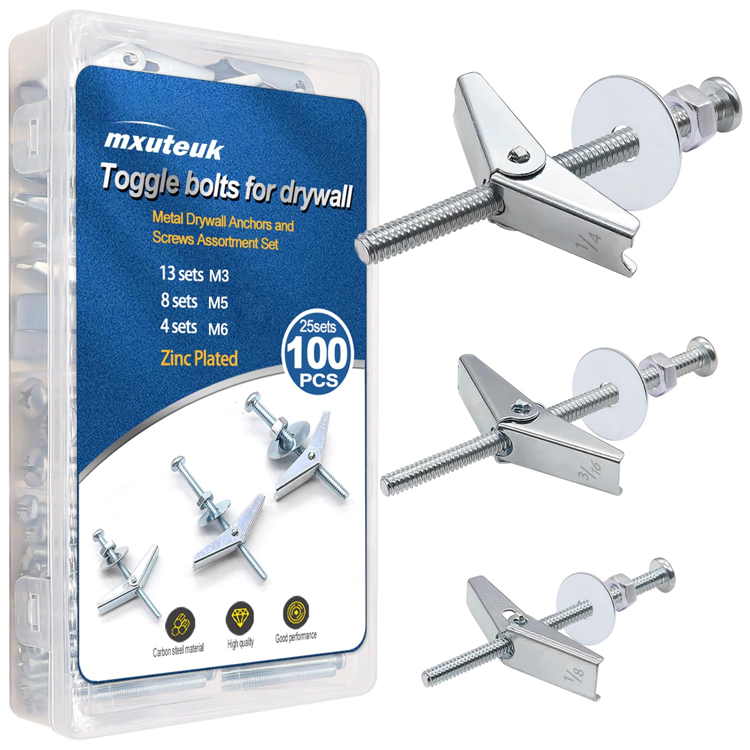 mxuteuk 100Pcs Toggle Bolts M3 M5 M6 Heavy Duty Drywall Anchors and Screws Assortment Set Toggle Bolts and Wing Nut Kit with Nuts washers (25sets) K-136