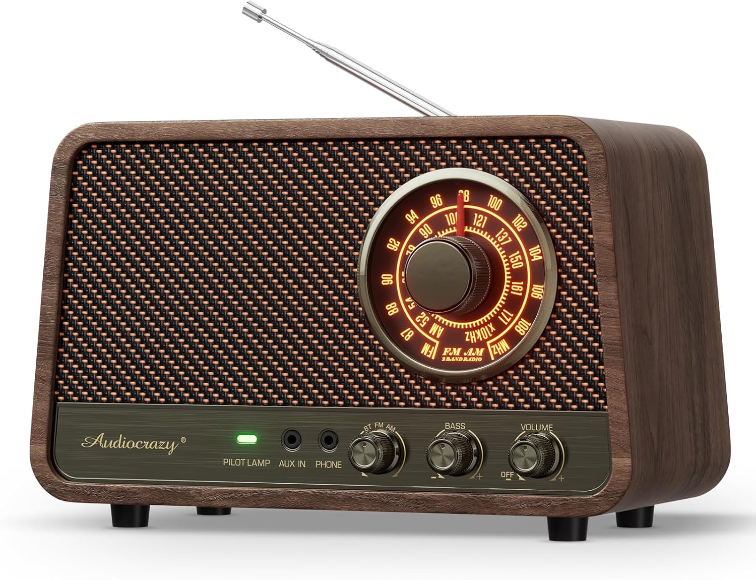 Vintage Wooden AM FM Bluetooth Radio with 10 Watts Powerful Sound, Retro Bluetooth Speaker Radio with Softly Glowing Dial, Bass Control, Aux Input, Headphone Jack, for Home, Office, Kitchen