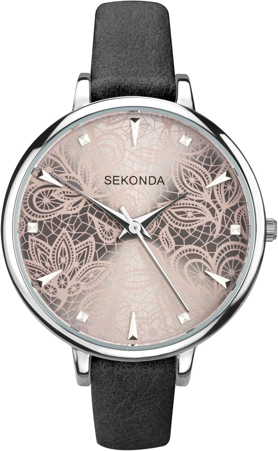 Sekonda Editions 37mm Ladies Silver Case Watch Grey Lace Patterned Dial Three Hand Analogue Quartz with PU strap
