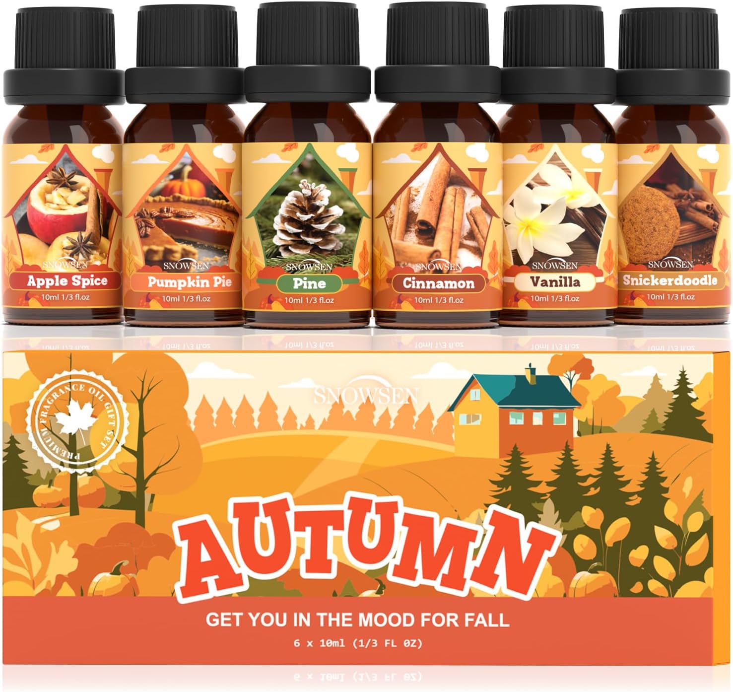 Autumn Essential Oil Set, Essential Oils for Diffusers for Home, Fall Fragrance Oil Kit- Vanilla, Cinnamon, Apple Spice, Pumpkin Pie, Pine, Snickerdoodle for Aromatherapy, Candle Making