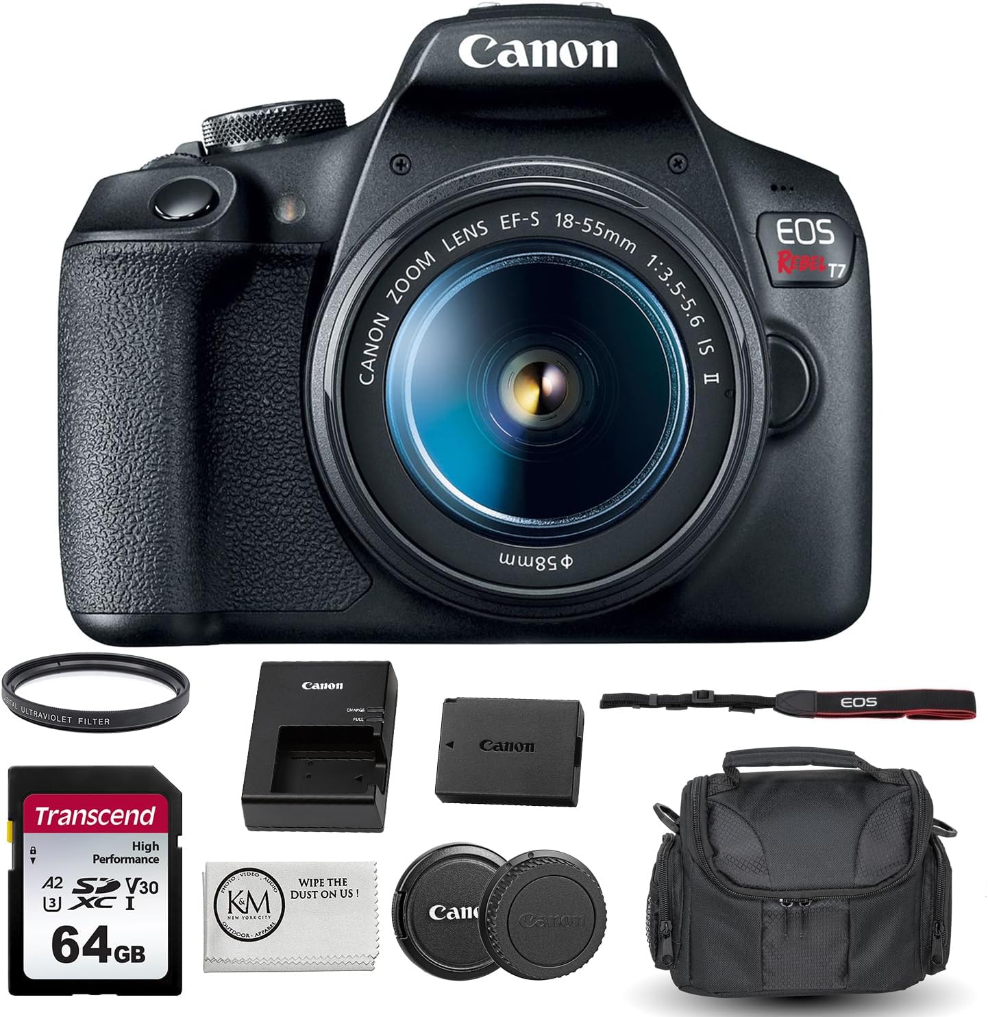 Canon EOS Rebel T7 DSLR Camera with 18-55mm Lens Bundled with 64GB Memory Card + Camera Bag + 58mm UV Filter + Microfiber Cleaning Cloth (5 Items)