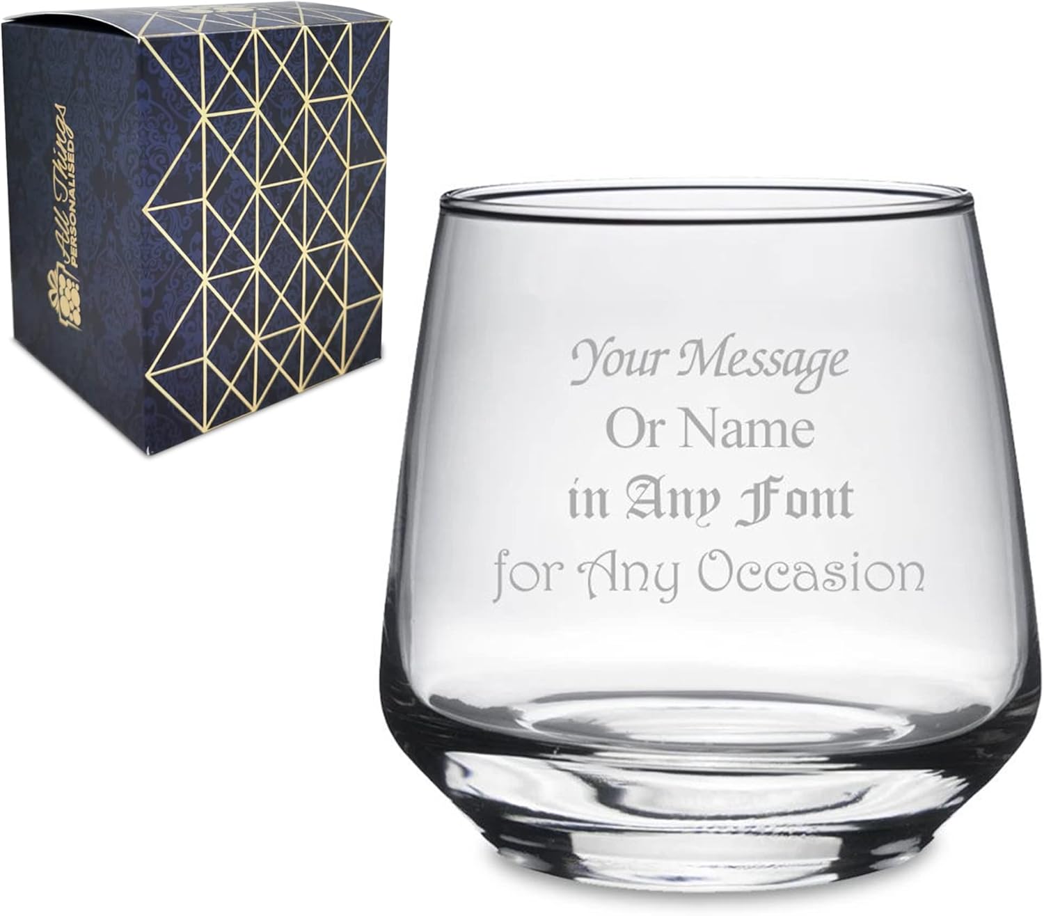 Personalised Engraved Stelo Whisky Tumbler Glass with Gift Box, Personalise with Any Message