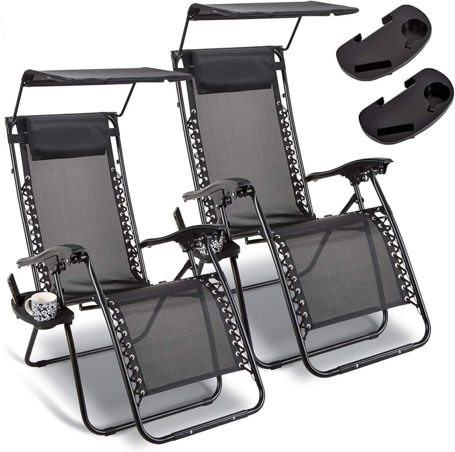Garden Mile 2x Sun Lounger Zero Gravity Chair with Canopy and Drinks Holder, Adjustable Headrest Pillow | Deck Folding Recliner Zero Gravity Outdoor Chair - Black Premium