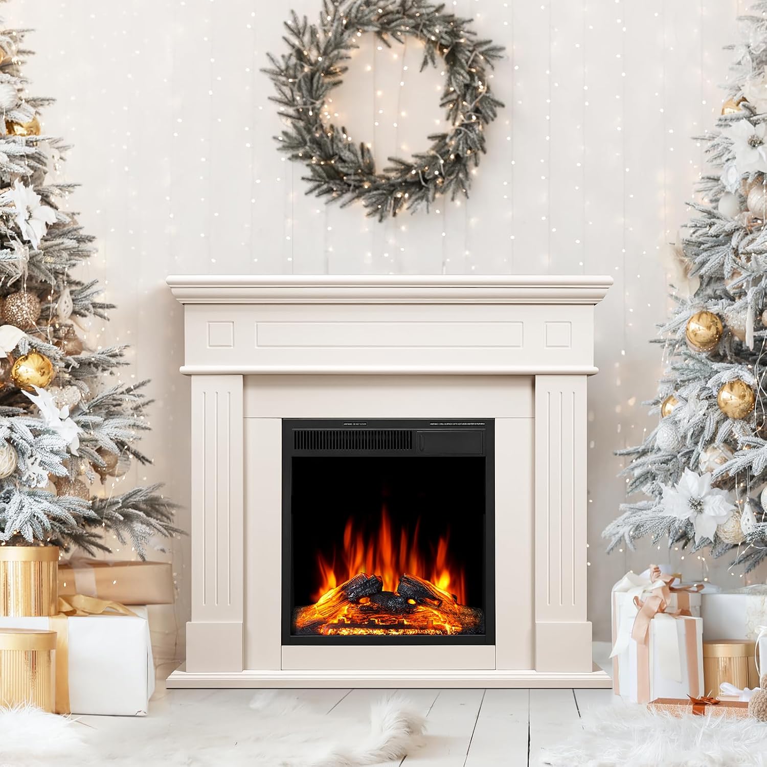 43 Inch Electric Fireplace with Mantel Wooden Surround Firebox TV Stand,FreeStanding Electric Fireplace Heater Entertainment Center,Adjustable Led Flame,750W-1500W,Cream