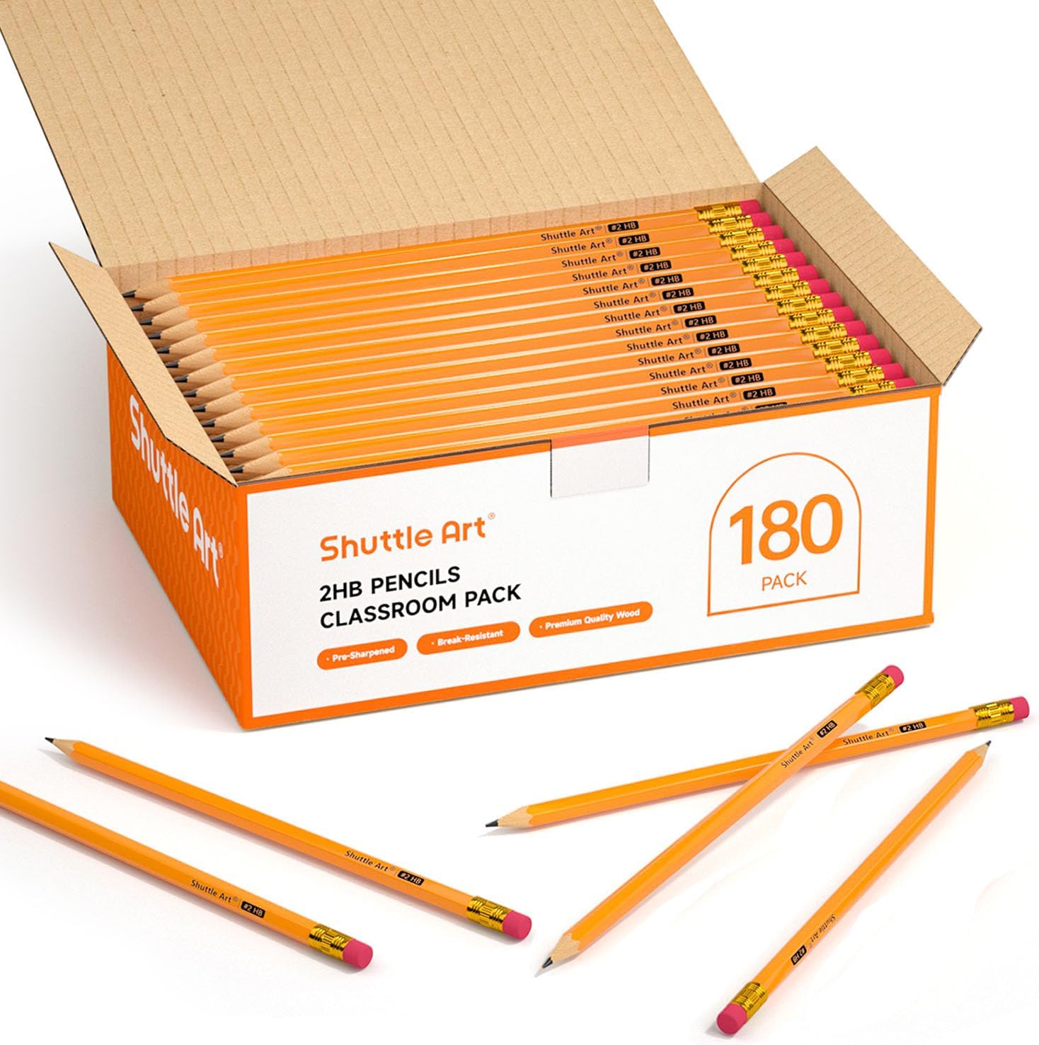 Shuttle Art #2 HB Pencils with Rubbers, 180 Pack Bulk, Sharpened for Kids & Teachers, School Writing Wooden Yellow Pencils Set for Children, Back to School Supplies