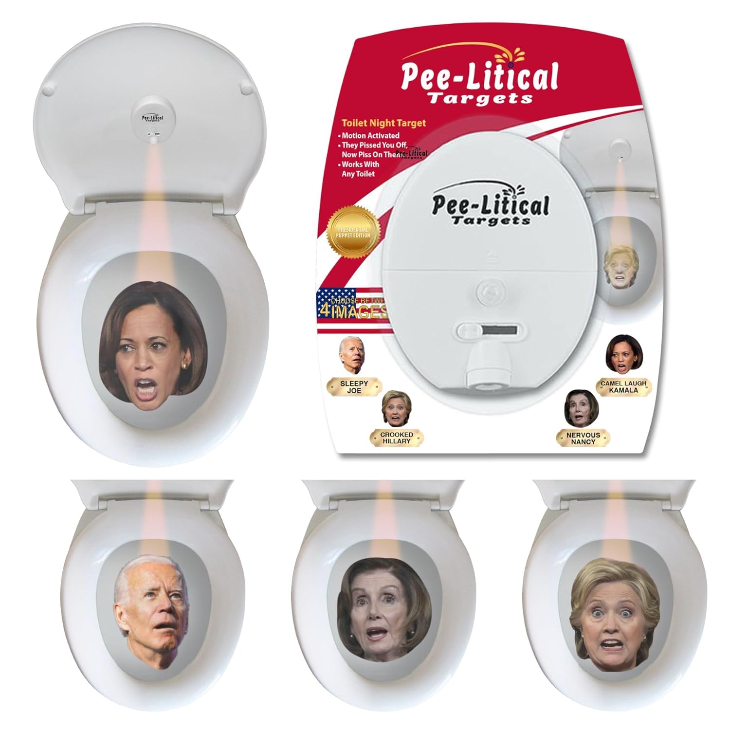 Motion Activated Toilet Target Light with Images of Kamala Harris | Joe Biden | Hillary Clinton | Nancy Pelosi