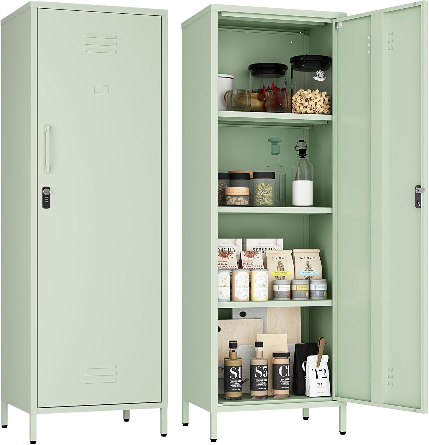 Steehoom Metal Storage Cabinet for Employees, Tall Metal Locker Lockable Locker Cabinet Pantry Cabinet with 3 Adjustable Shelves for School, Office, Garage (Green, H59.06'')