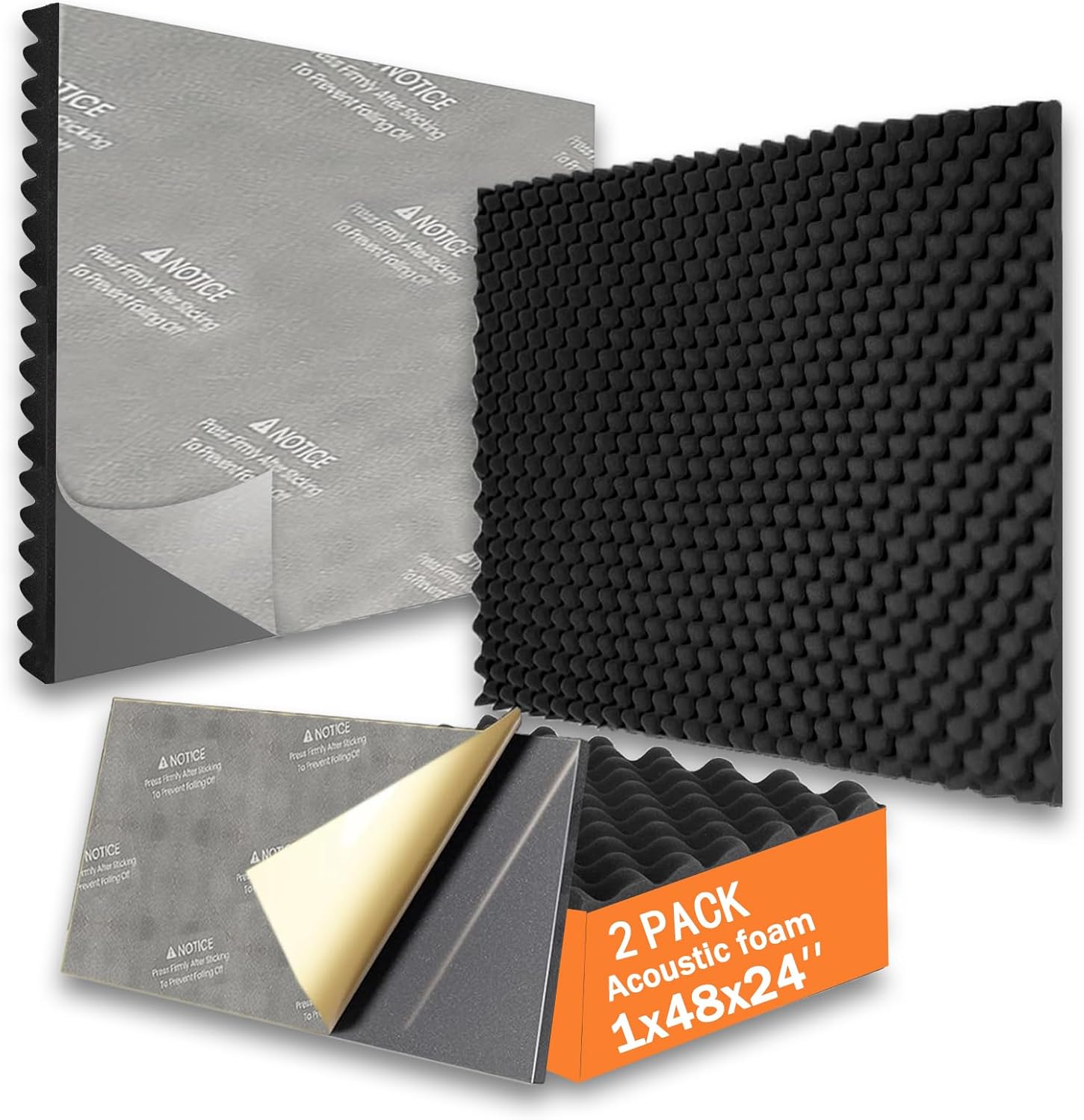 2 Pack Large EEKIYA Sound Proof Panels for walls, 48" X 24" X 1" Acoustic panels with Self-Adhesive sound absorbing for home and Studio Egg Crate Panels Tiles (Black)