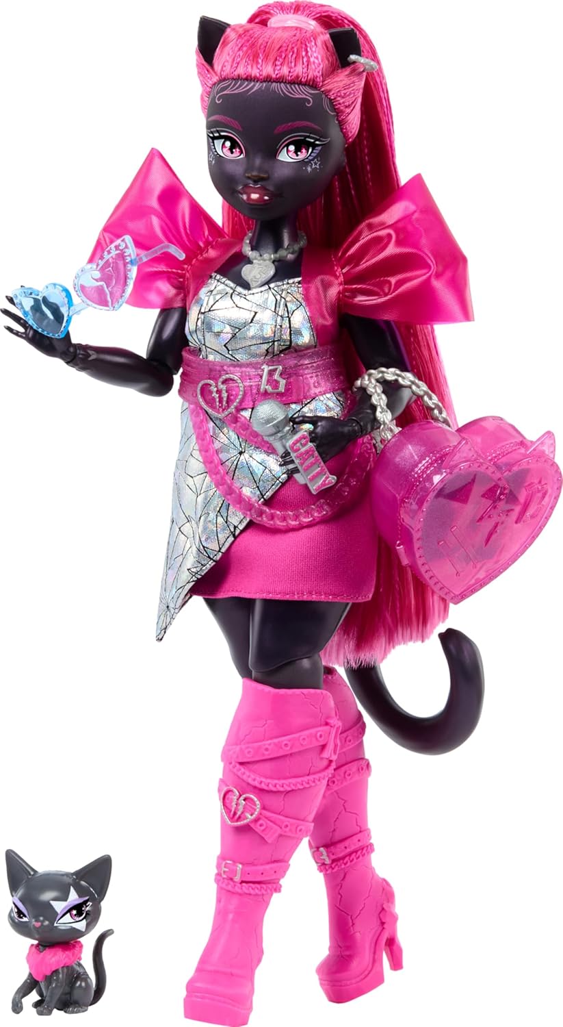 Monster High Catty Noir Doll with Pet Cat Amulette and Accessories like Backpack, Music Book, Microphone and More, HXH76