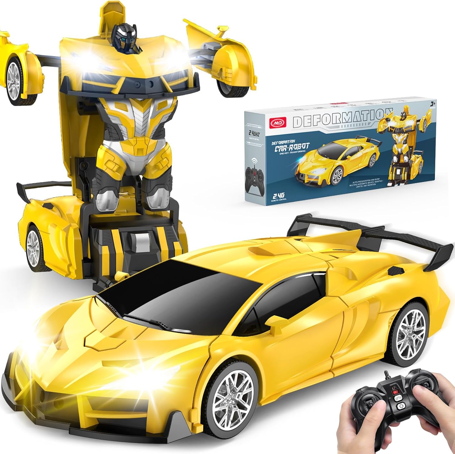 Remote Control Car，Transform Robot RC Cars with Cool LED Headlights, 2.4Ghz Toys Car with 360 Degree Rotation and One-Button Deformation, Christmas Birthday Gifts for Boys Girls(Yellow)